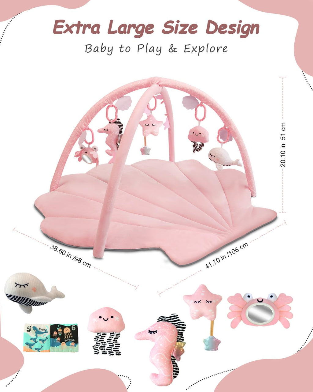 PRVAETU Baby Play Gym Mat, Oversize Tummy Time Activity Mat with 6 Detachable Toys for Infant 0-12 Months Sensory Exploration Skill Development