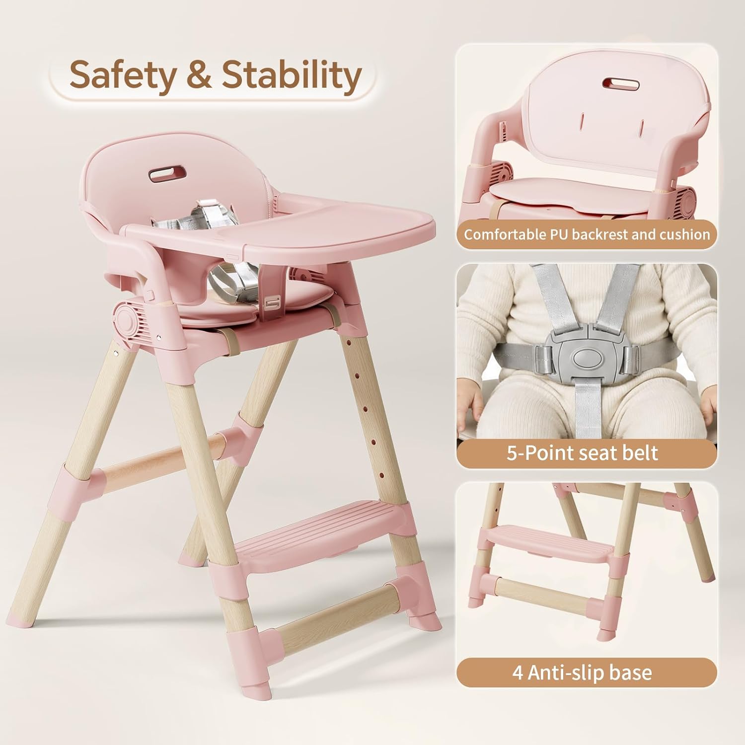 PRVAETU Convertible High Chair for Babies and Toddlers with Removable Easy-Clean Tray, Adjustable Legs, Foldable Feeding Chair