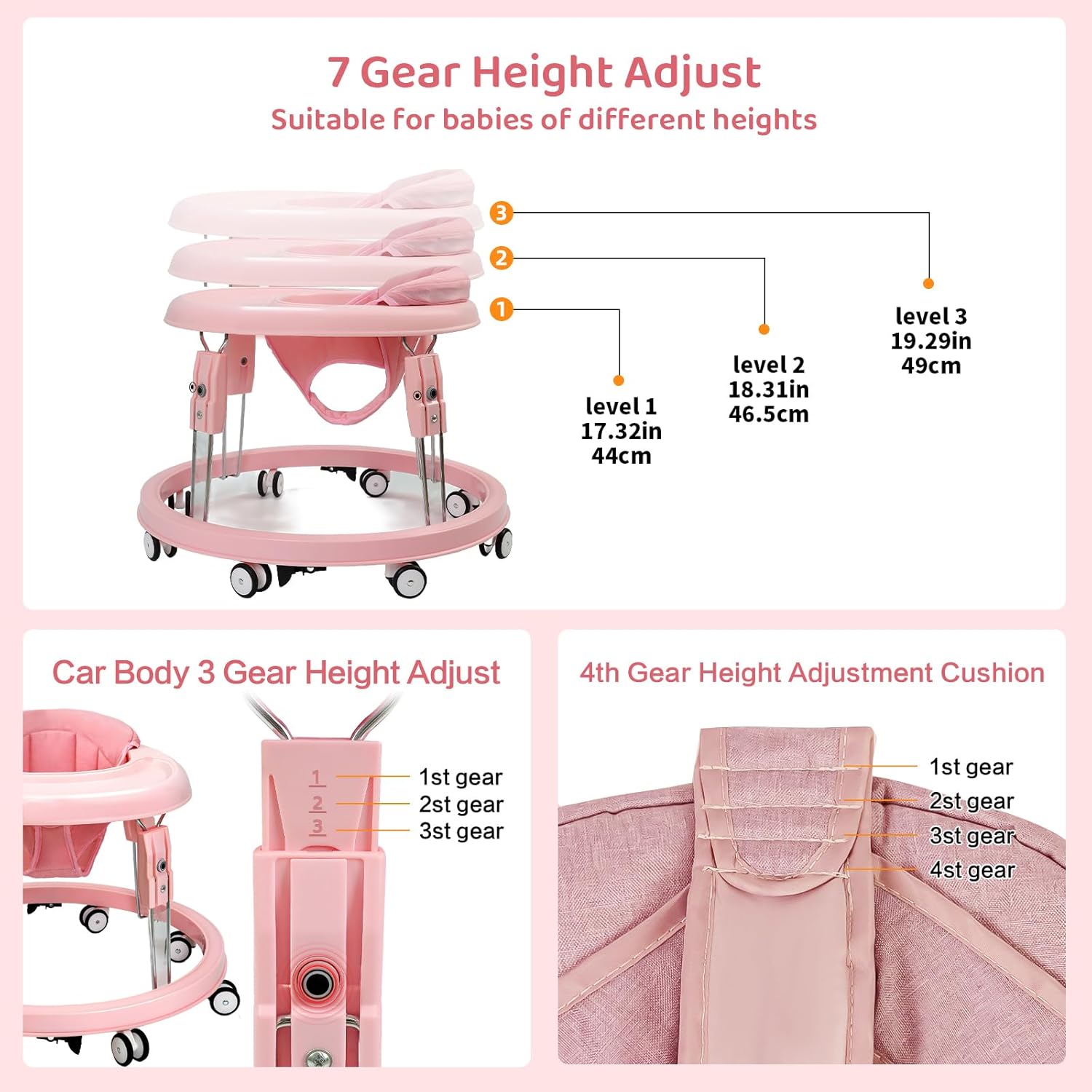 PRVAETU Foldable Baby Walker Activity Center W/ Wheels,Height Adjustable W/ Dinner Plate & Foot Pad for 6-18 Months Babies Infant Boys Girls