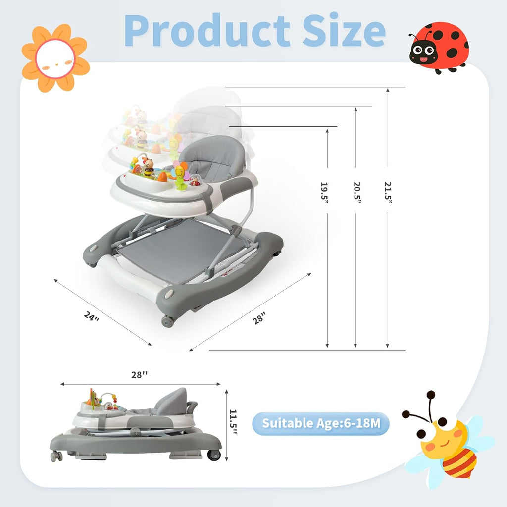 PRVAETU 5 in 1 Baby Walker (Walk,Jumper,Rocking,Push,Eating Mode) for Boys Girls,Foldable,Music & Light,Height Adjustable,Wheels for Infant Babies