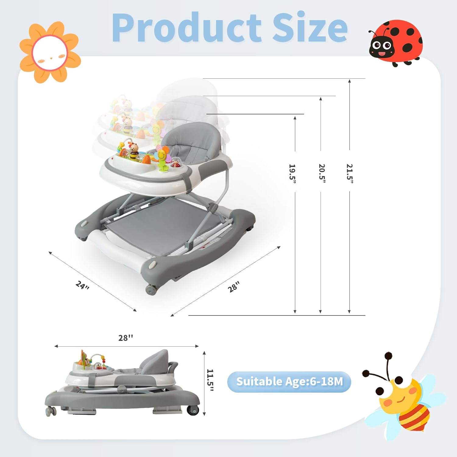 PRVAETU 5 in 1 Baby Walker (Walk,Jumper,Rocking,Push,Eating Mode) for Boys Girls,Foldable,Music & Light,Height Adjustable,Wheels for Infant Babies