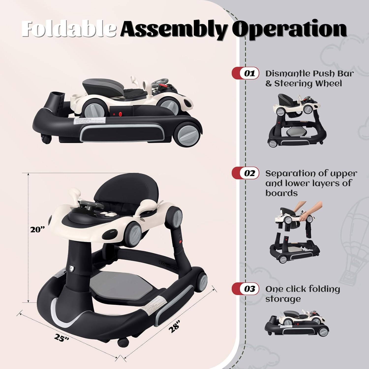 PRVAETU 5 in 1 Baby Walker for Boys Girls,Foldable,Music,Light,Jumper,Rocking,Push,Height Adjustable Training Activity for Babies Infant 6-18 Months
