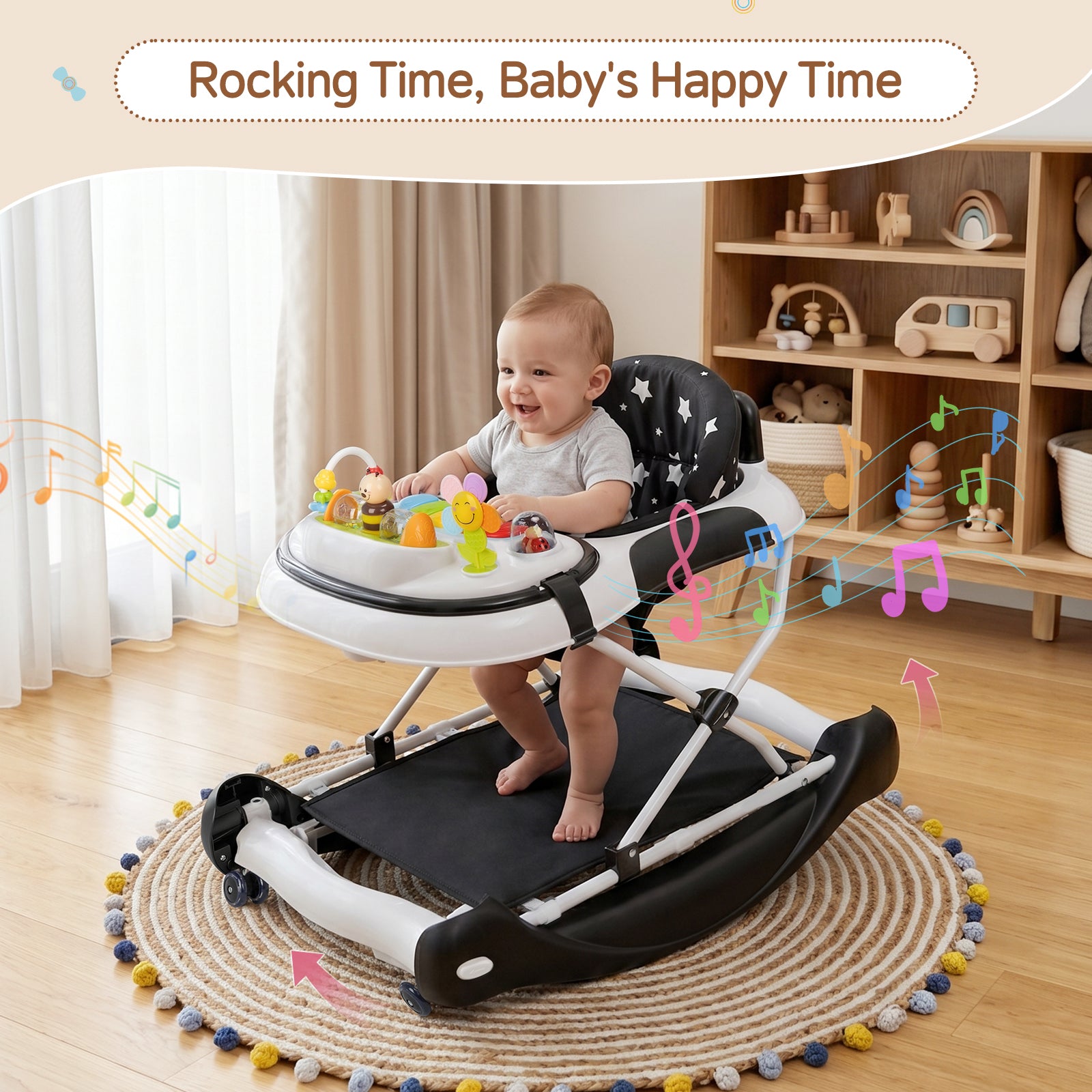 PRVAETU 5 in 1 Baby Walker,Jumper,Rocking,Push,Eating Mode for Boys Girls,Foldable,Music & Light,Height Adjustable,Wheel for Infant