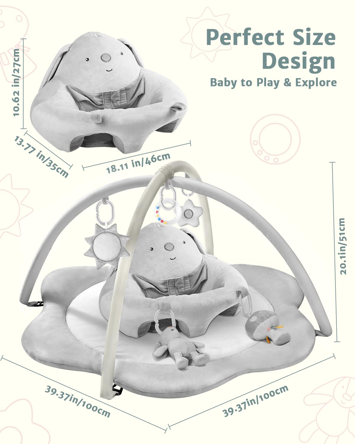 PRVAETU Baby Gym Play Mat, Sitting-up Babies Seats for Infants,with 5 Detachable Toys, Infant Toddler Activity Tummy Time Playmats for Newborn 0-12 Months