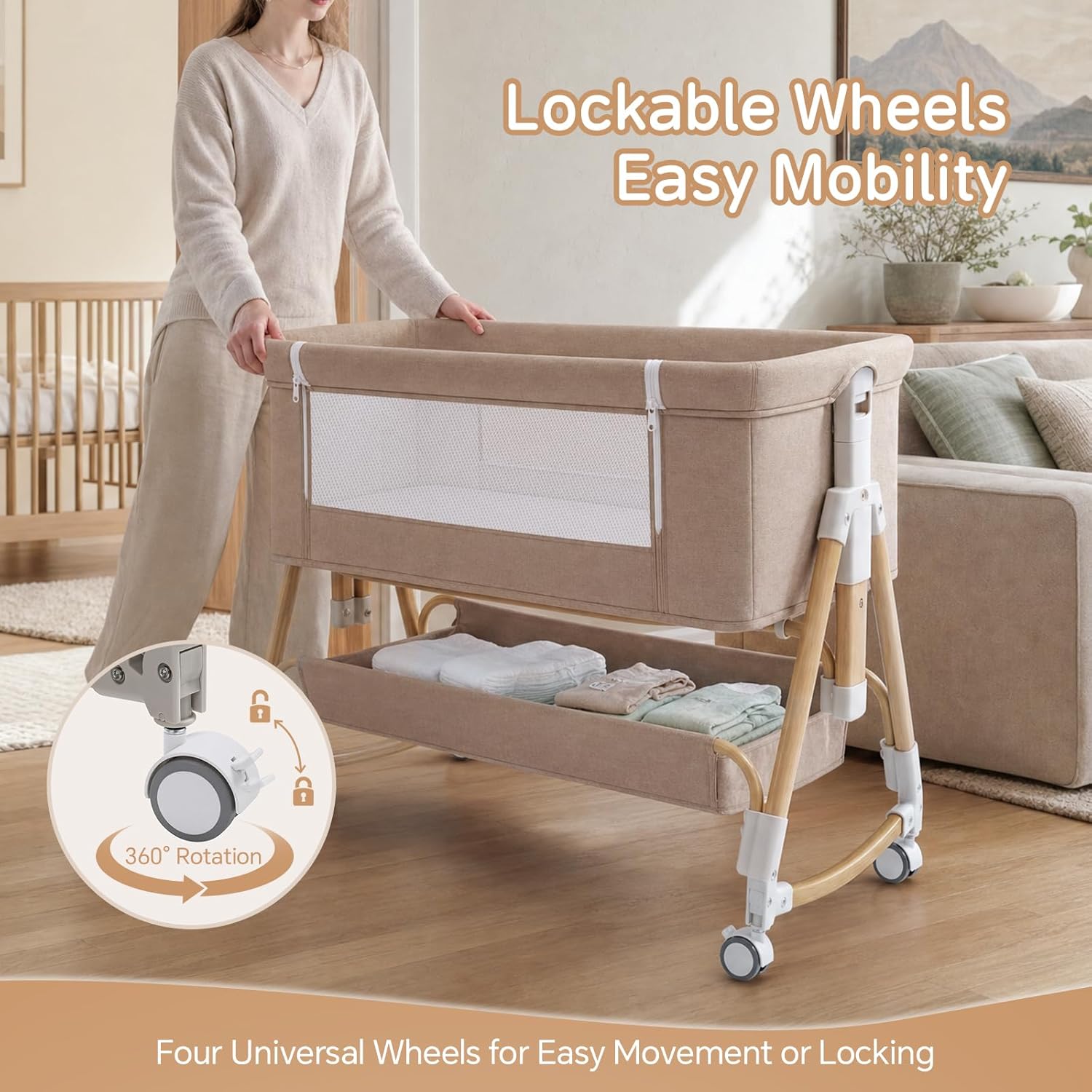 PRVAETU Baby Bassinet, 3-in-1 Baby Bassinet Bedside Sleeper with Wheels, Adjustable Easy Folding Portable Rocking Crib for Infant Newborn (Khaki)