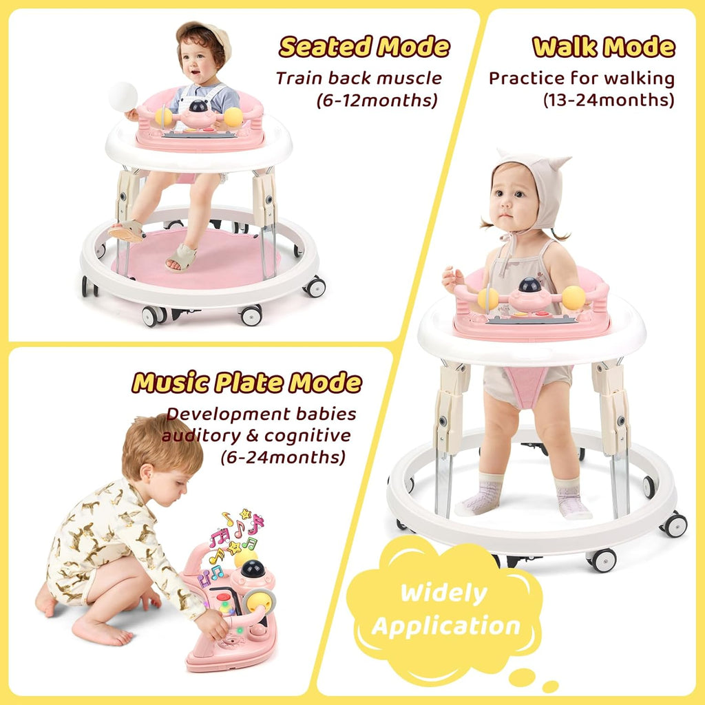 PRVAETU Foldable Baby Walker Activity Center W/ Wheels,Height Adjustable,Music Toy & Foot Pad for 6-18 Months Babies Infant Boys Girls