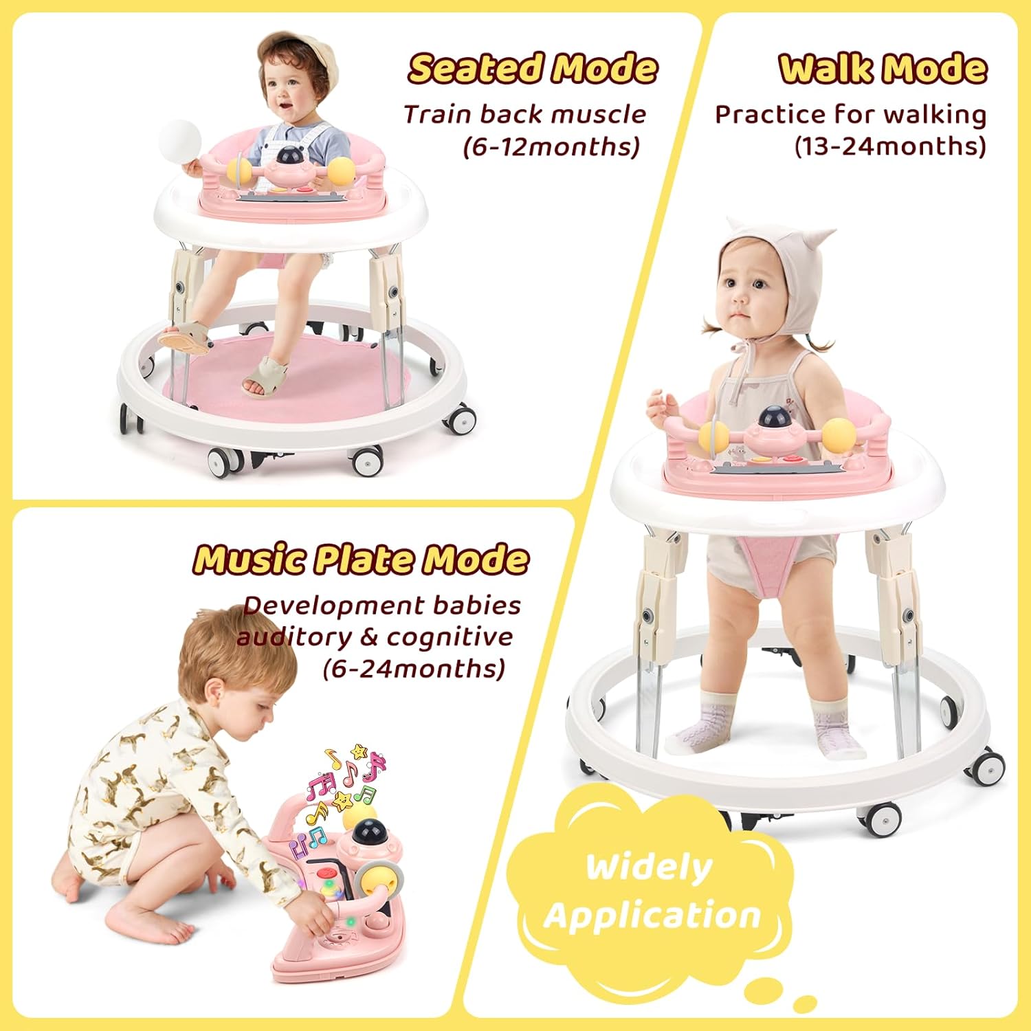 PRVAETU Foldable Baby Walker Activity Center W/ Wheels,Height Adjustable,Music Toy & Foot Pad for 6-18 Months Babies Infant Boys Girls
