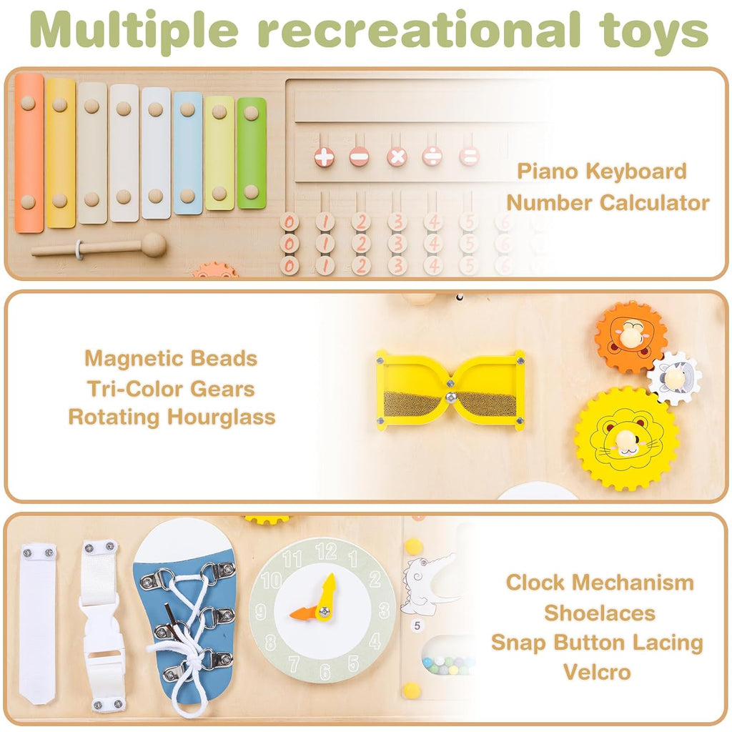 PRVAETU Foldable Wooden Baby Playpen with 2 Game Boards for Infant Girls & Boys, 10+ Toy Set, Large Play Yard Fence W/ Gate for Toddlers