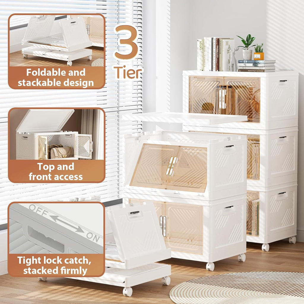 PRVAETU Storage Bins Storage Containers with Wheels and Magnetic Doors, Plastic Clothes Closet Organizers and Storage Box for Home and Office