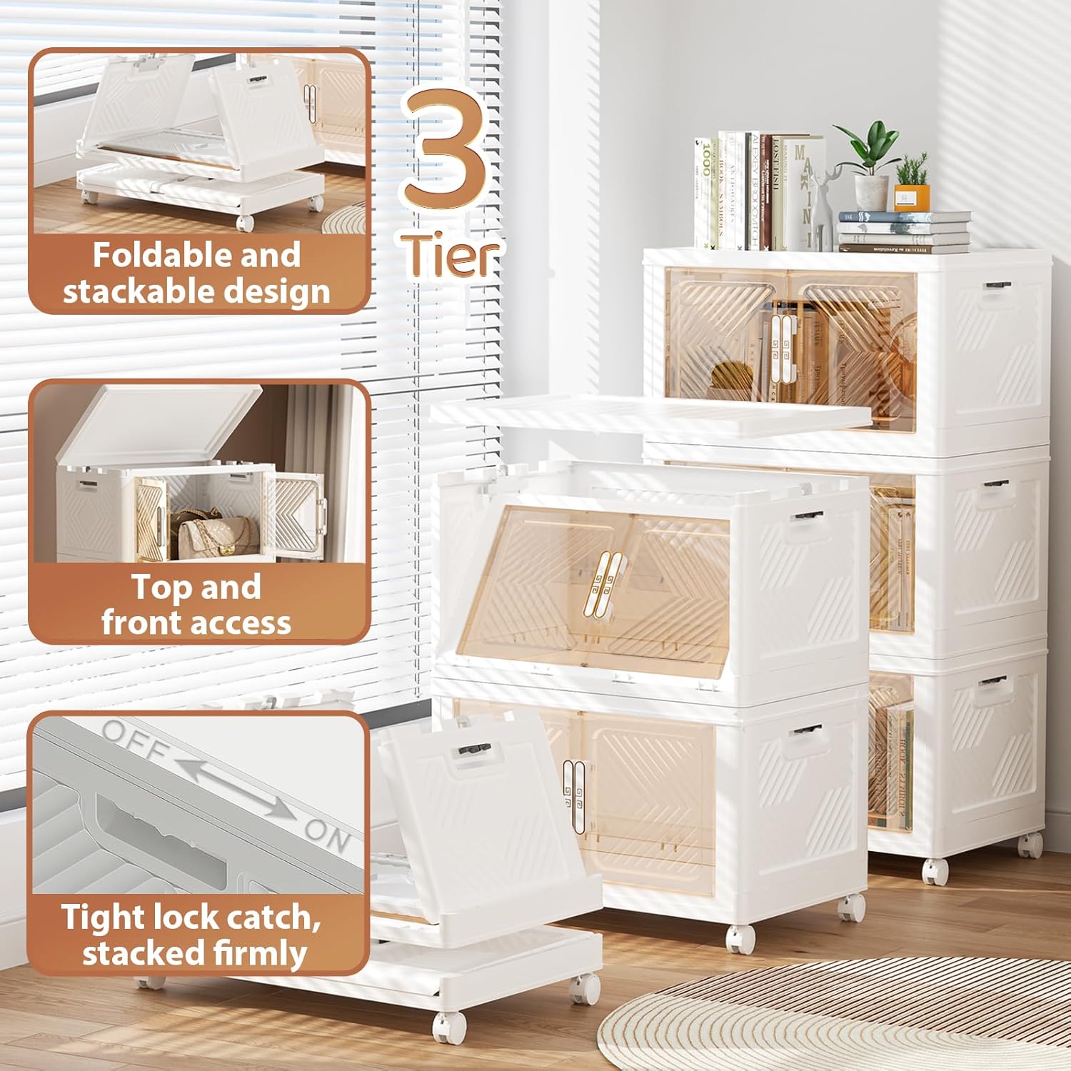 PRVAETU Storage Bins Storage Containers with Wheels and Magnetic Doors, Plastic Clothes Closet Organizers and Storage Box for Home and Office