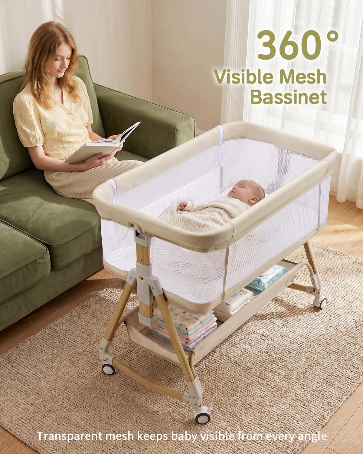 PRVAETU Baby Bassinet, 3-in-1 Baby Bassinet Bedside Sleeper with Wheels, Adjustable Easy Folding Portable Rocking Crib for Infant Newborn (Khaki)