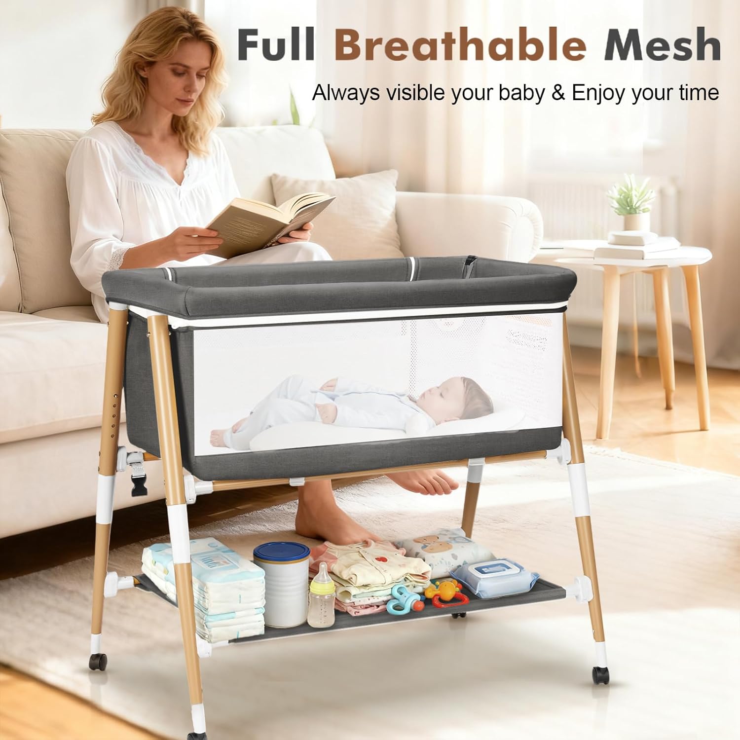 PRVAETU 3 in 1 Bassinet Bedside Sleeper for Baby,Infant Bassinet W/ Music Toy,4 Wheels,Adjustable 5 Height,Mattress,Mosquito Net,Basket,Carry Bag