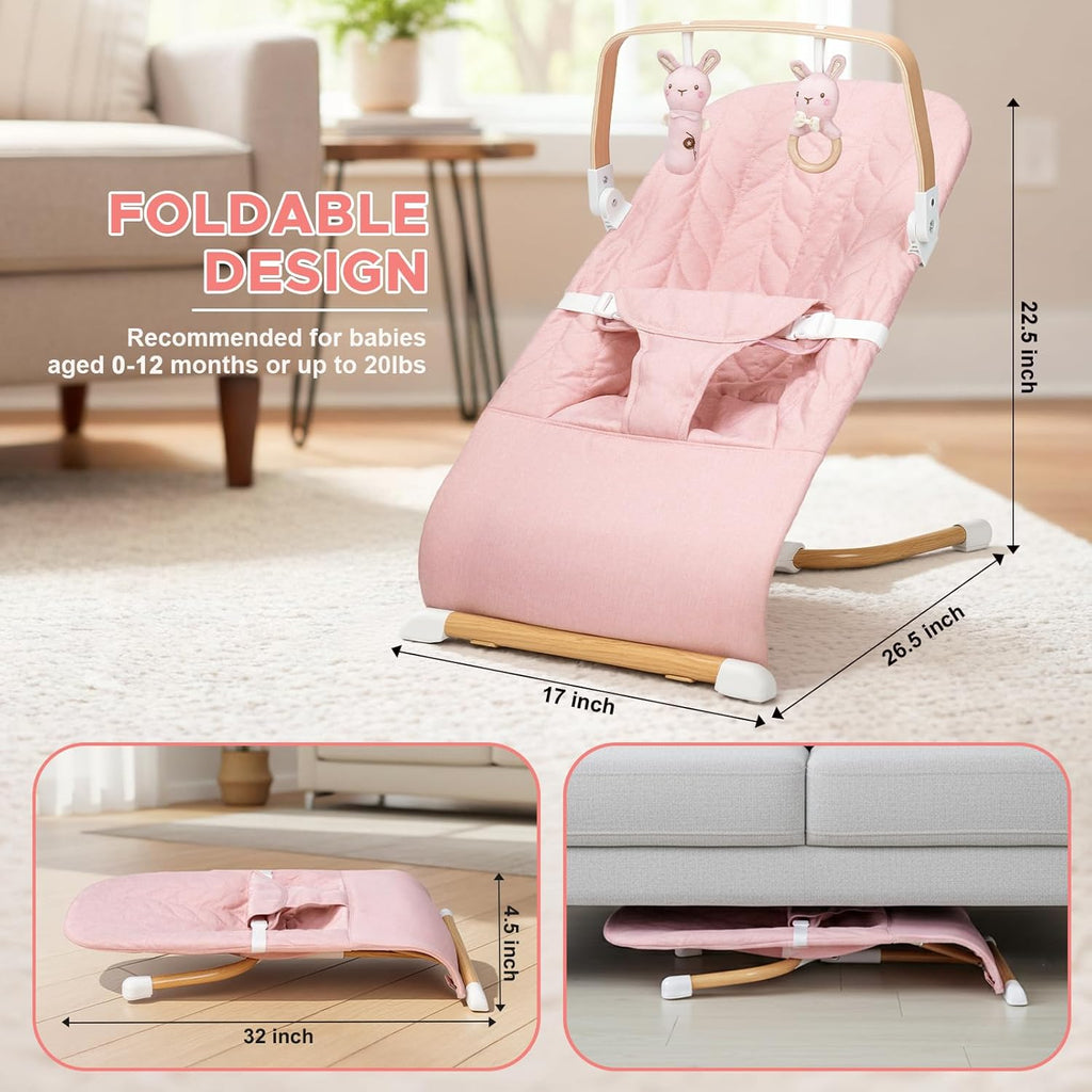 PRVAETU 3 in 1 Baby Bouncer (Sit, Play & Relax),3 Recline Positions,Foldable Baby Rocker Chair W/ Removable Wooden Bar for 0-12 Months Infant & Toddler