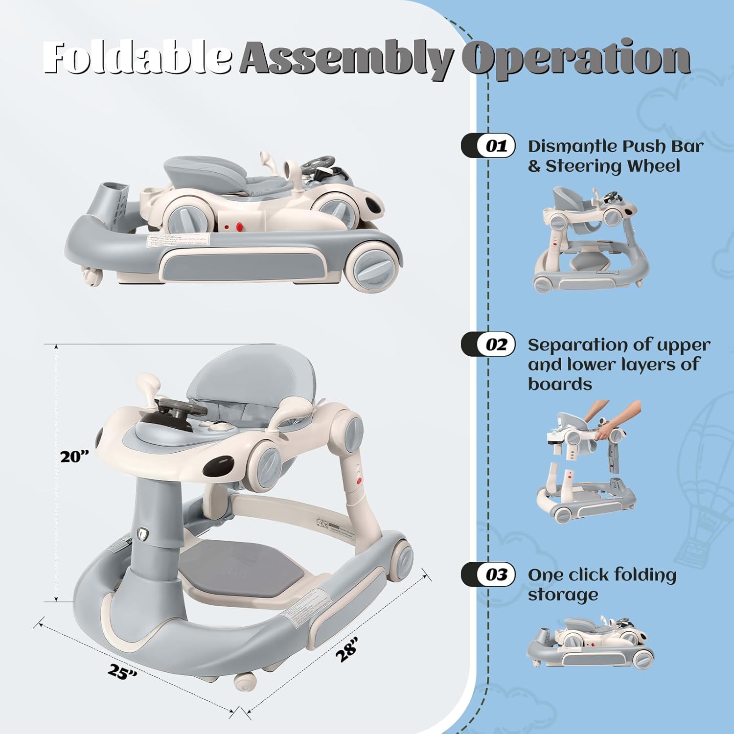 PRVAETU 5 in 1 Baby Walker for Boys Girls,Foldable,Music,Light,Jumper,Rocking,Push,Height Adjustable Training Activity for Babies Infant 6-18 Months