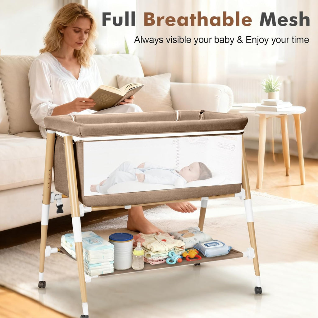 PRVAETU 3 in 1 Bassinet Bedside Sleeper for Baby,Infant Bassinet W/ Music Toy,4 Wheels,Adjustable 5 Height,Mattress,Mosquito Net,Basket,Carry Bag