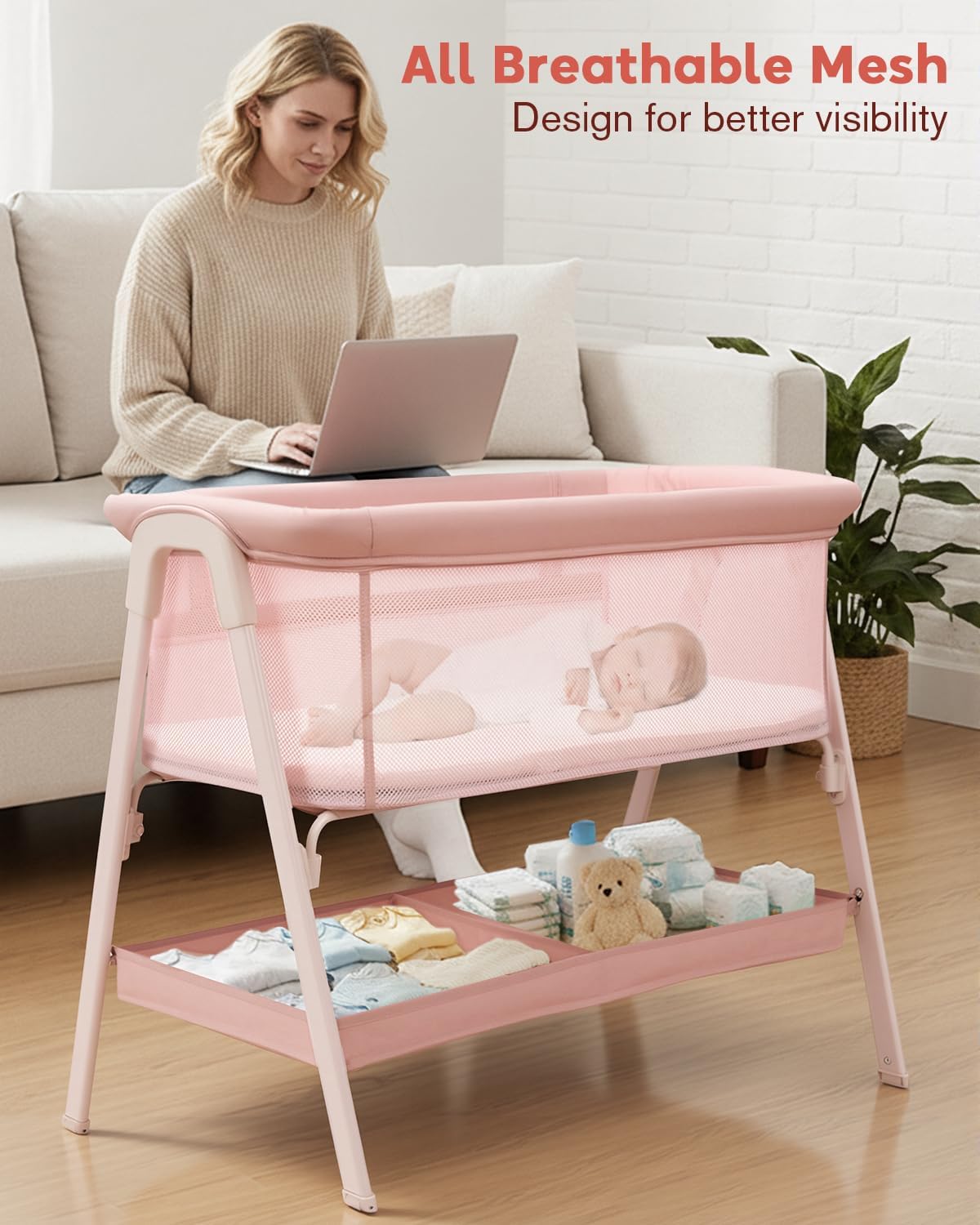 PRVAETU Baby Bassinet, Bedside Bassinet for Baby, Bassinet Bedside Sleeper with Mattress, Storage Basket and 4 Auto-Lock Wheels, Full-Mesh Sides, Bedside Crib for Newborn