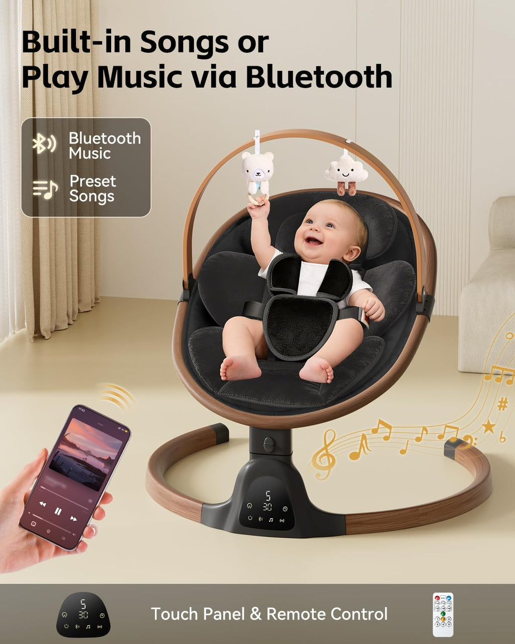 PRVAETU Baby Swing for Infants,5 Speeds,10 Lullabies,5-Point Harness,Electric Rocking Chair for Toddlers with Bluetooth,Remote Control,Touch Panel