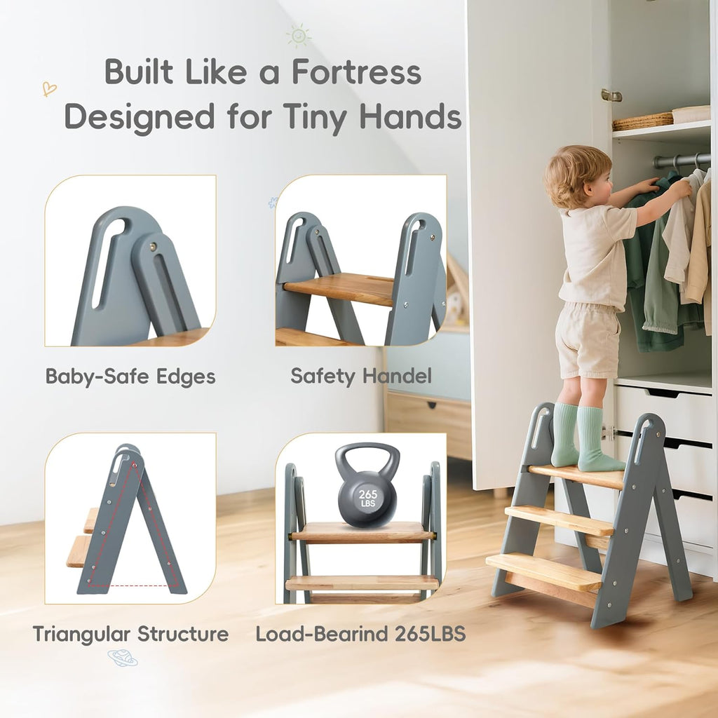 PRVAETU 3 layer Wooden Toddler Step Stool for Bathroom Sink, Foldable Kids Toilet Potty Training Stool with Handles, Child Kitchen Counter Tower Helper