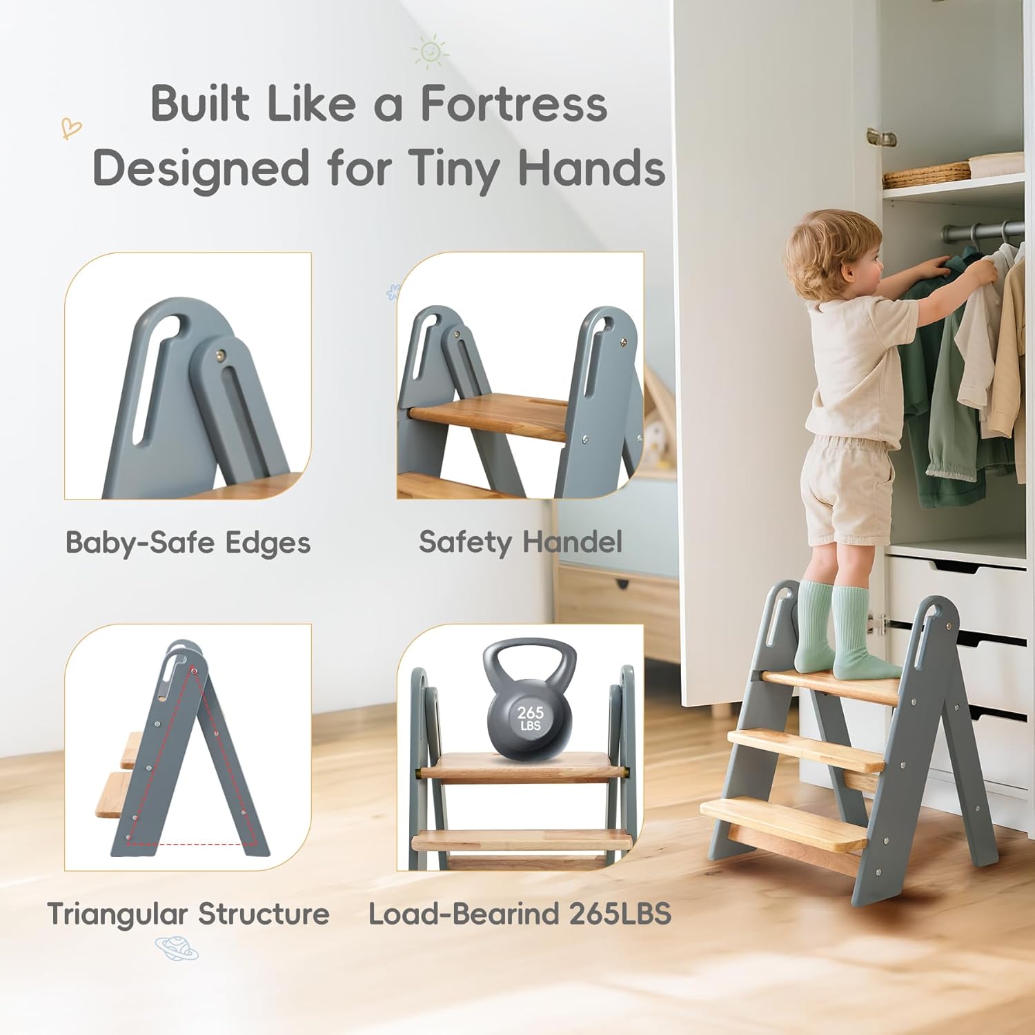 PRVAETU 3 layer Wooden Toddler Step Stool for Bathroom Sink, Foldable Kids Toilet Potty Training Stool with Handles, Child Kitchen Counter Tower Helper