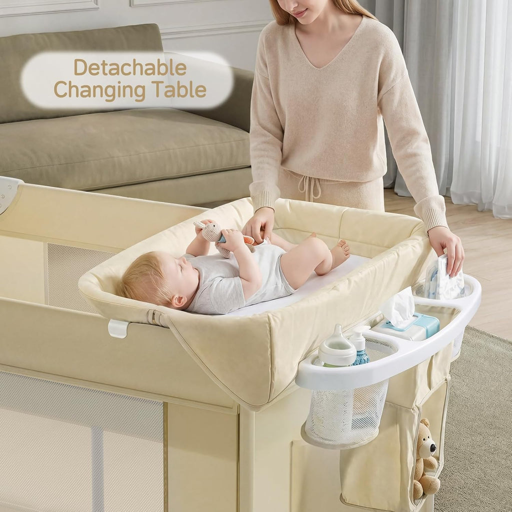 PRVAETU 4 in 1 Baby Bassinet for Baby, Bedside Bassinet & Crib Sleeper with Wheels, Diaper Changer, Mattress, Foldable Design for Newborn to Toddler
