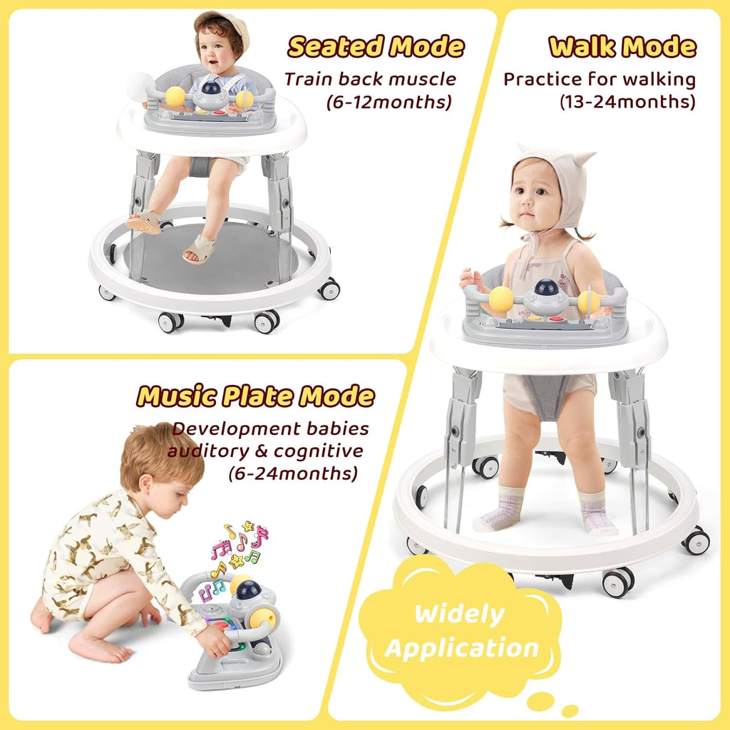 PRVAETU Foldable Baby Walker Activity Center W/ Wheels,Height Adjustable,Music Toy & Foot Pad for 6-18 Months Babies Infant Boys Girls