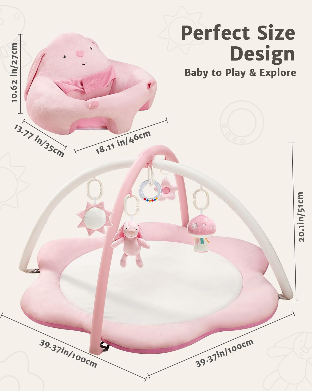 PRVAETU Baby Gym Play Mat, Sitting-up Babies Seats for Infants,with 5 Detachable Toys, Infant Toddler Activity Tummy Time Playmats for Newborn 0-12 Months