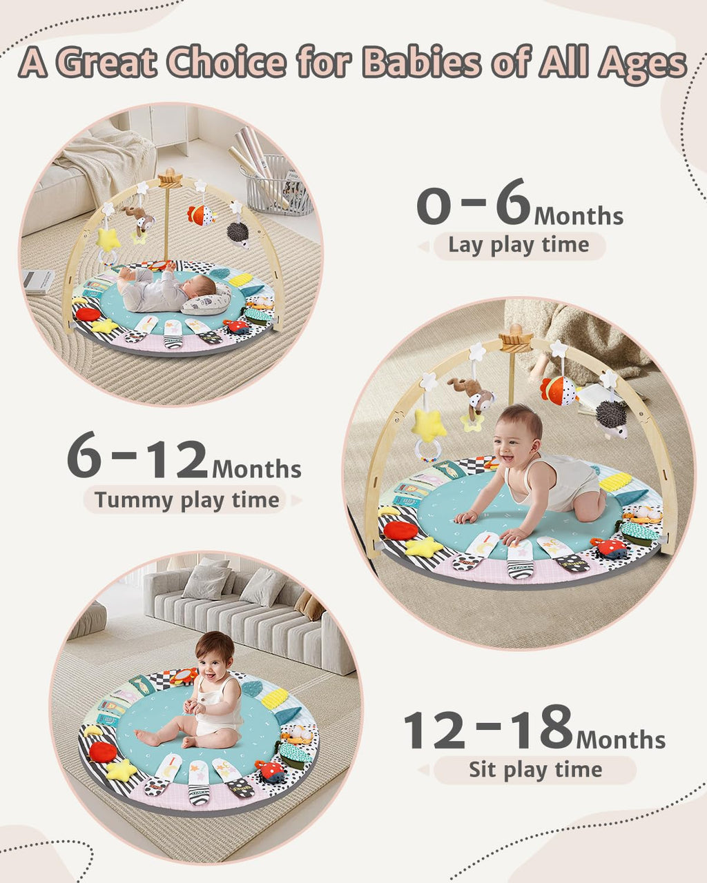 PRVAETU Wooden Baby Gym Play Mat, Foldable Tummy Time Playmat W/ 7 Detachable Toys for Infant Newborn Toddler Motor Skills Sensory Development