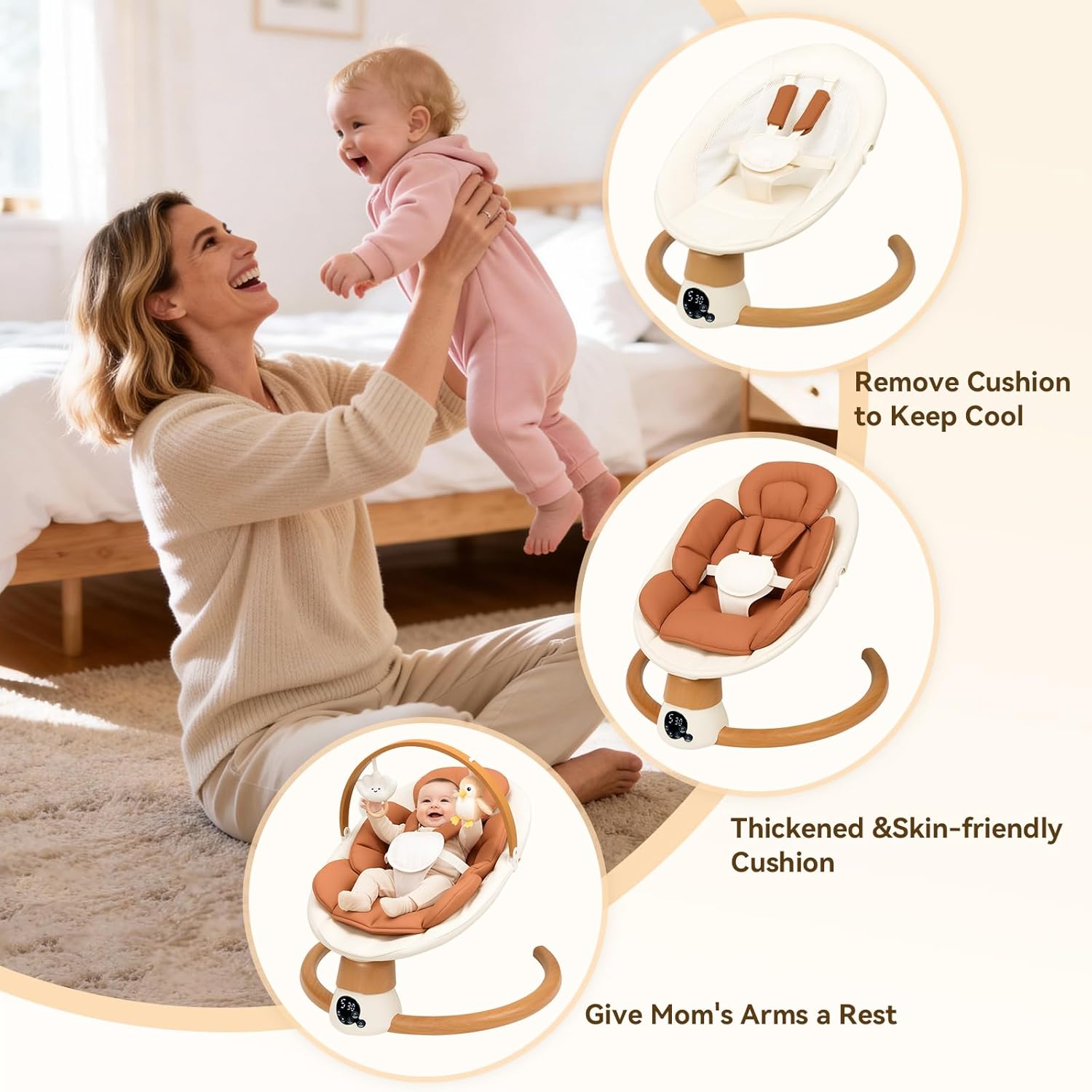 PRVAETU Electric Baby Swing for Infants, Portable Swing with Bluetooth,5 Speeds,3 Timers,10 Lullabies,5-Point Harness,Remote Control