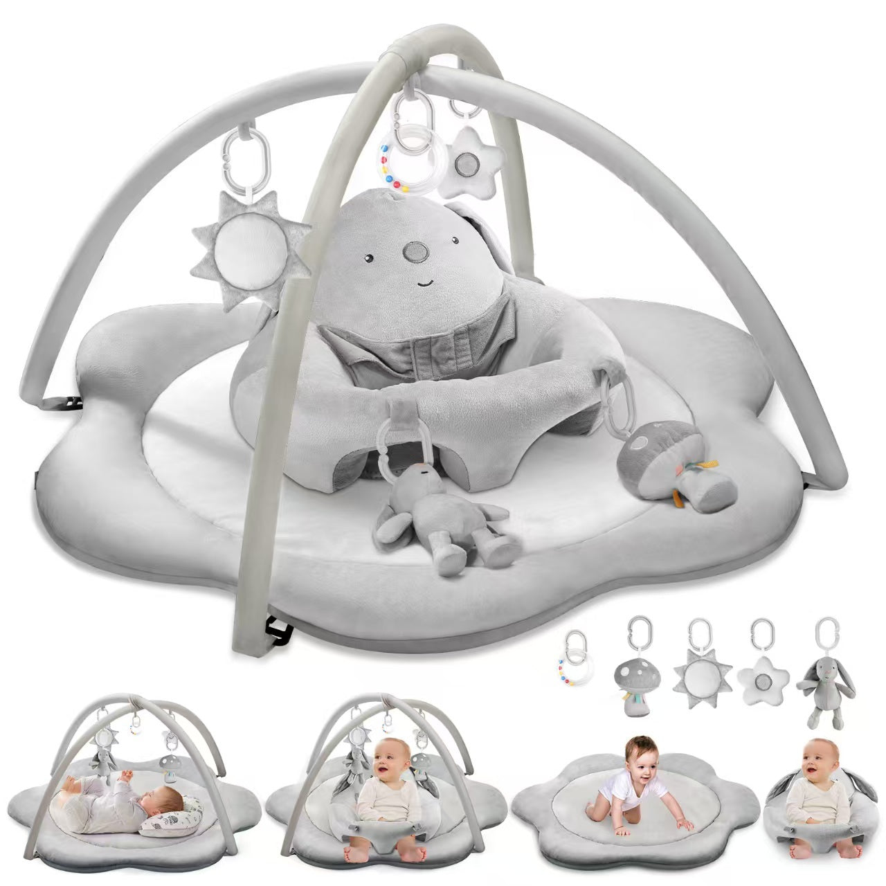 PRVAETU Baby Gym Play Mat, Sitting-up Babies Seats for Infants,with 5 Detachable Toys, Infant Toddler Activity Tummy Time Playmats for Newborn 0-12 Months