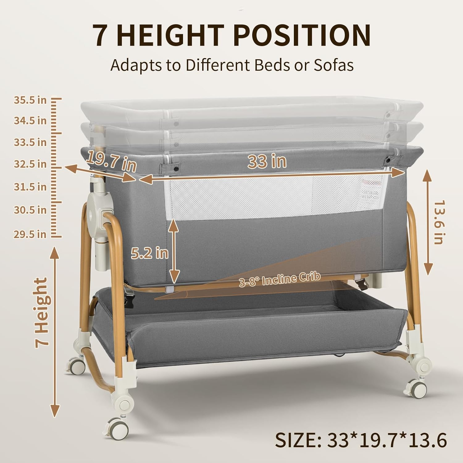 PRVAETU 4-in-1 Baby Bassinet & Bedside Sleeper for Babies, 7-Level Height Adjustable, Wheels with Storage Basket, Breathable Mesh,White
