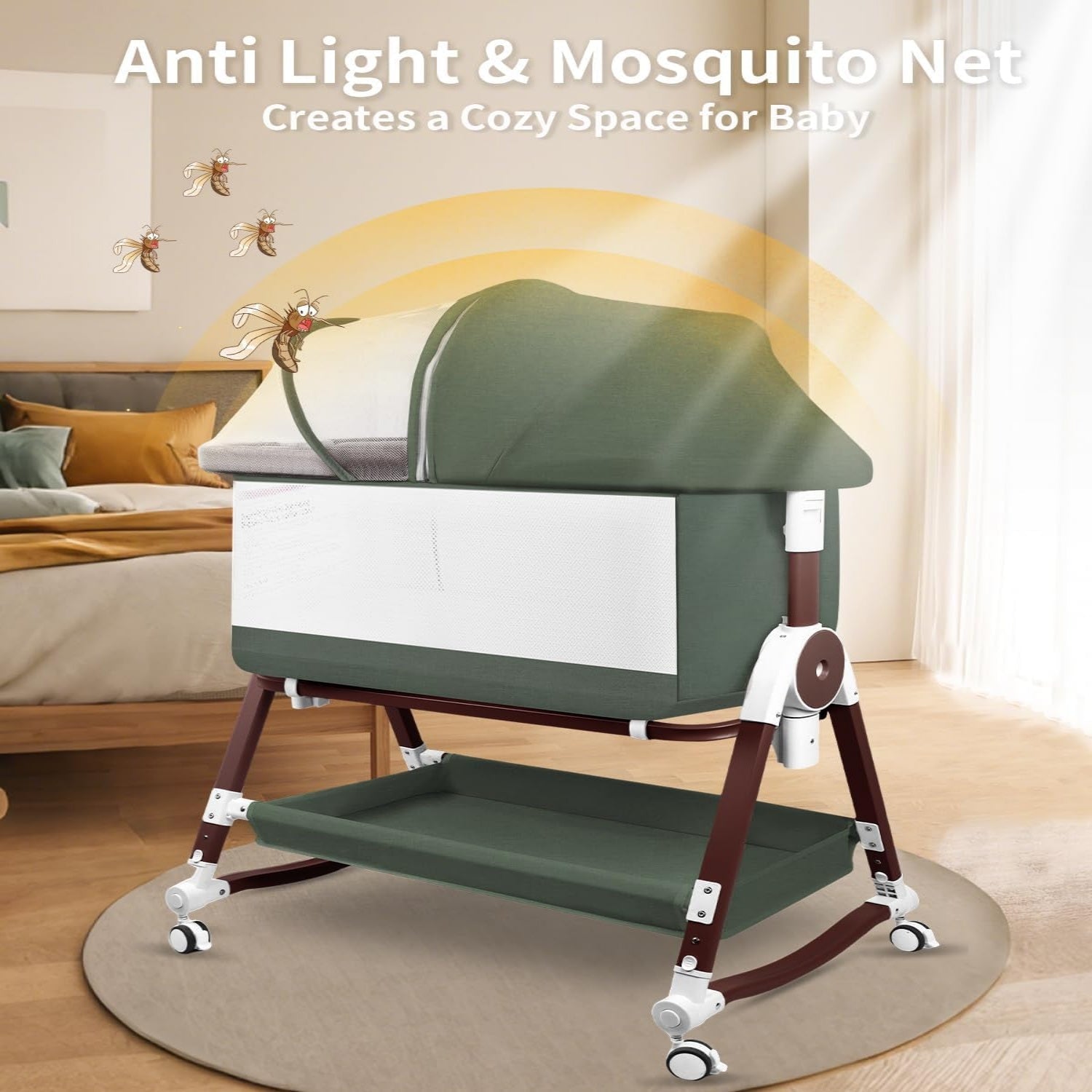 PRVAETU 4 in 1 Baby Bassinet Bedside Sleeper W/ Wheels,Storage Basket,Adjustable 7 Heights,Mosquito Net,Breathable Mesh Cradle for Infants Toddler