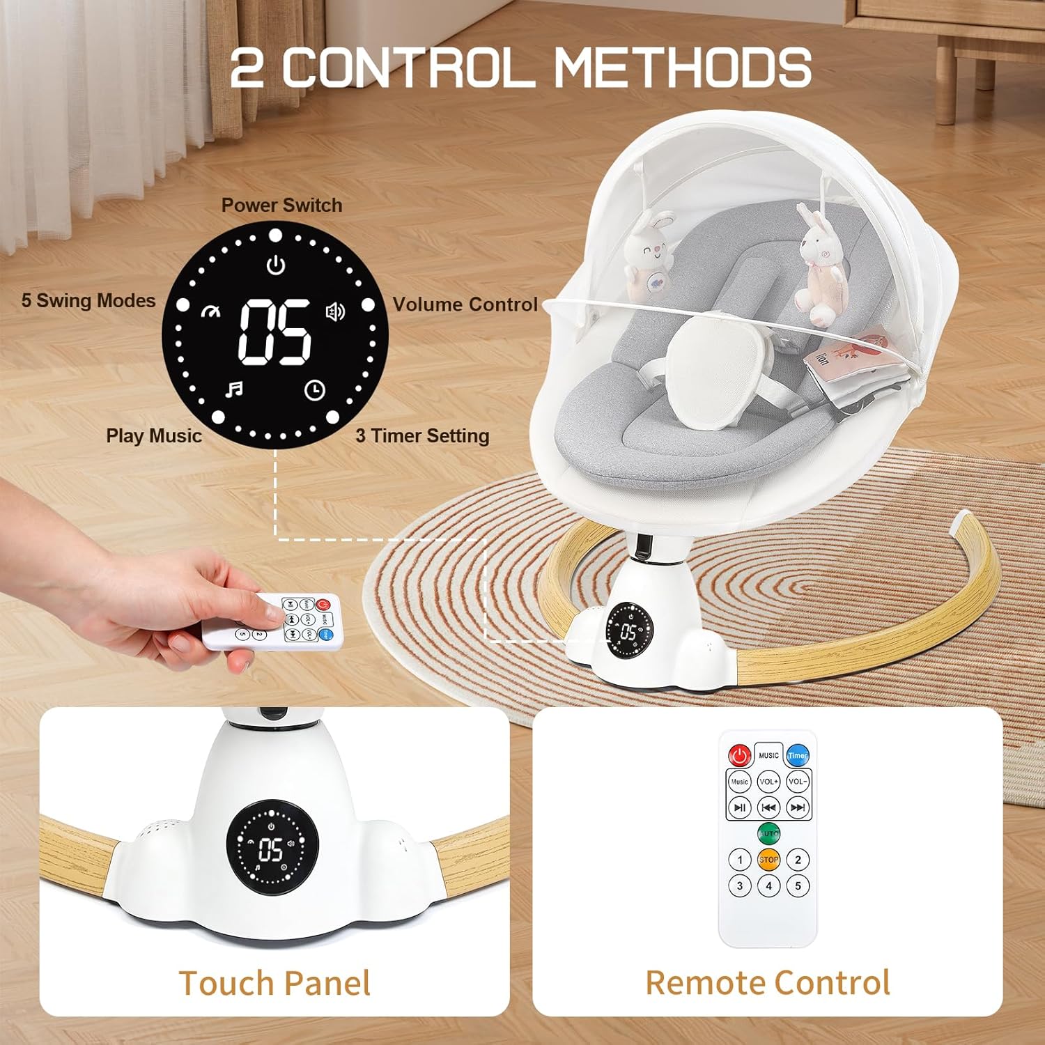 PRVAETU Portable Electric Baby Swing for Infants Toddler, 5 Speed, 10 Lullabies, 5-Point Harness, Remote Control