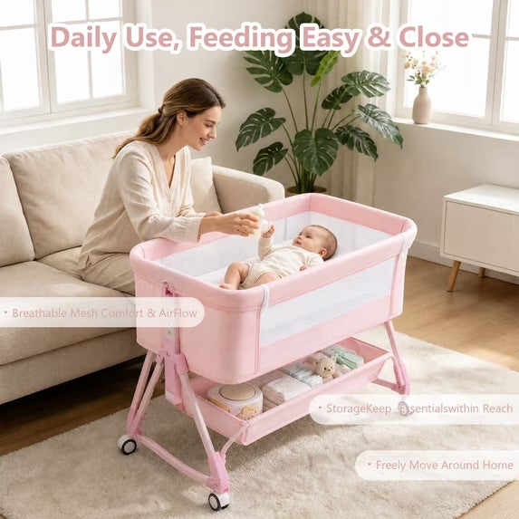 PRVAETU Baby Bassinet, 3-in-1 Baby Bassinet Bedside Sleeper with Wheels, Adjustable Easy Folding Portable Rocking Crib for Infant Newborn (Khaki)
