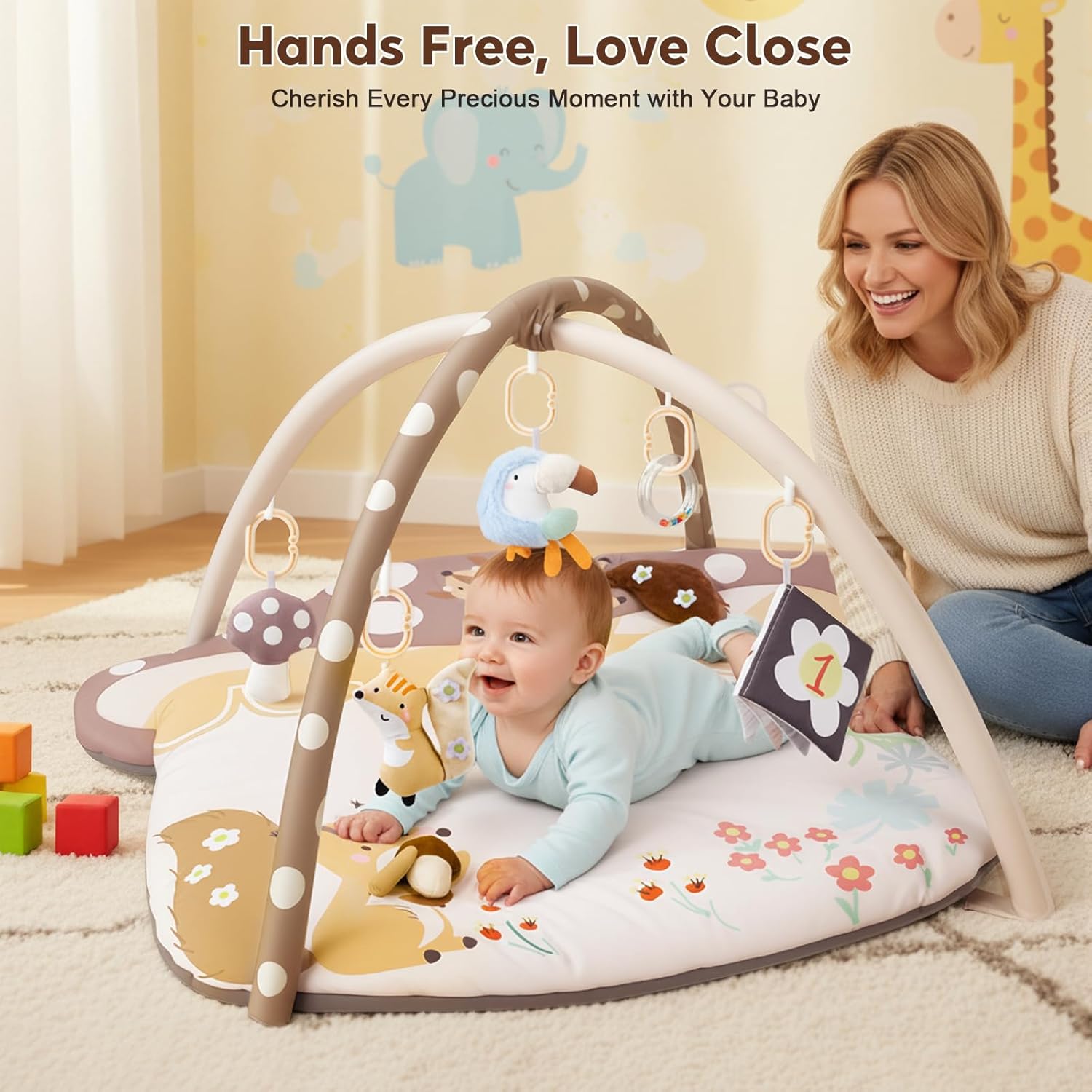 PRVAETU Baby Play Mats Tummy Time Mat for Infant Washable Padded Baby Activity Center with Detachable Toys Non-Slip Baby Gym Playmat