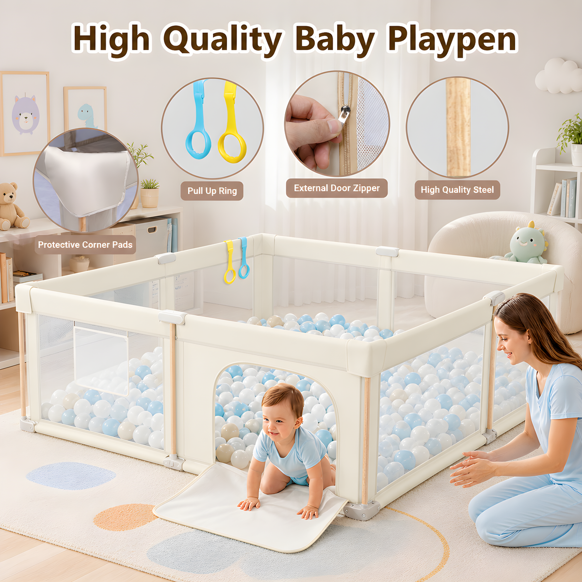 PRVAETU Foldable Baby Playpen & Playard with Mat for Boys Girls