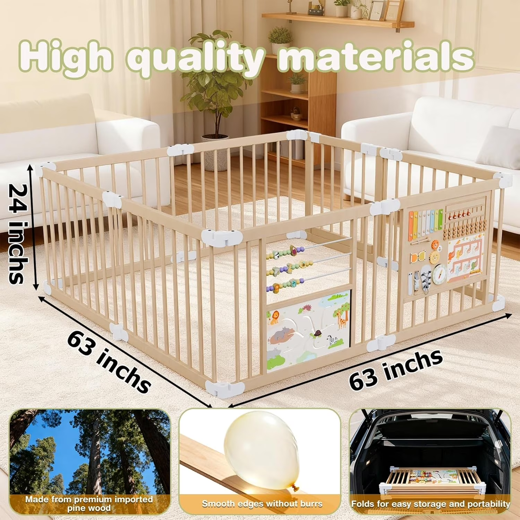 PRVAETU Foldable Wooden Baby Playpen with 2 Game Boards for Infant Girls & Boys, 10+ Toy Set, Large Play Yard Fence W/ Gate for Toddlers