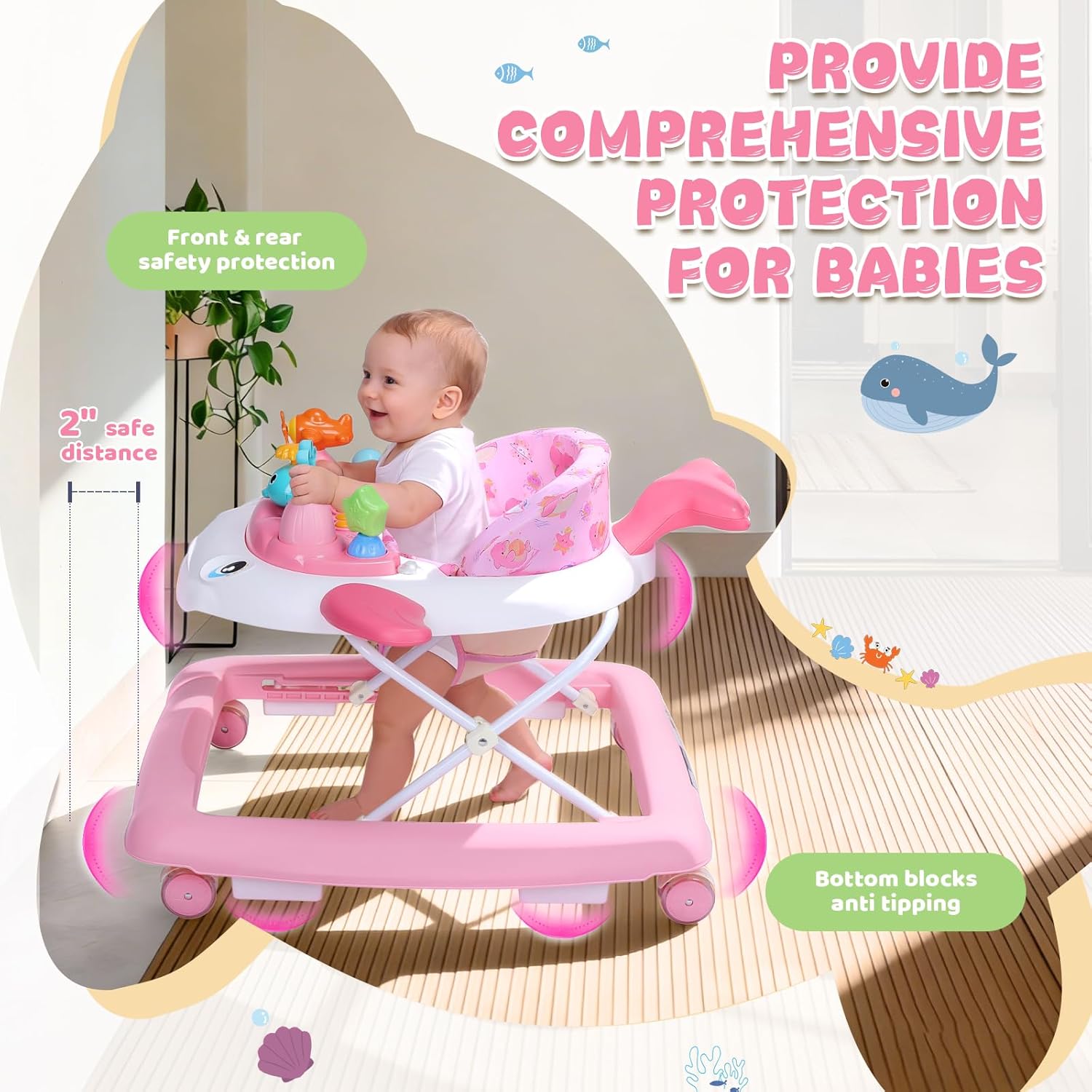 PRVAETU Baby Walker & Activity Center W/ Music & Lights,3 Adjustable Height, Anti-Rollover & Foldable Design for Infant Boy and Girl 6-18 Months