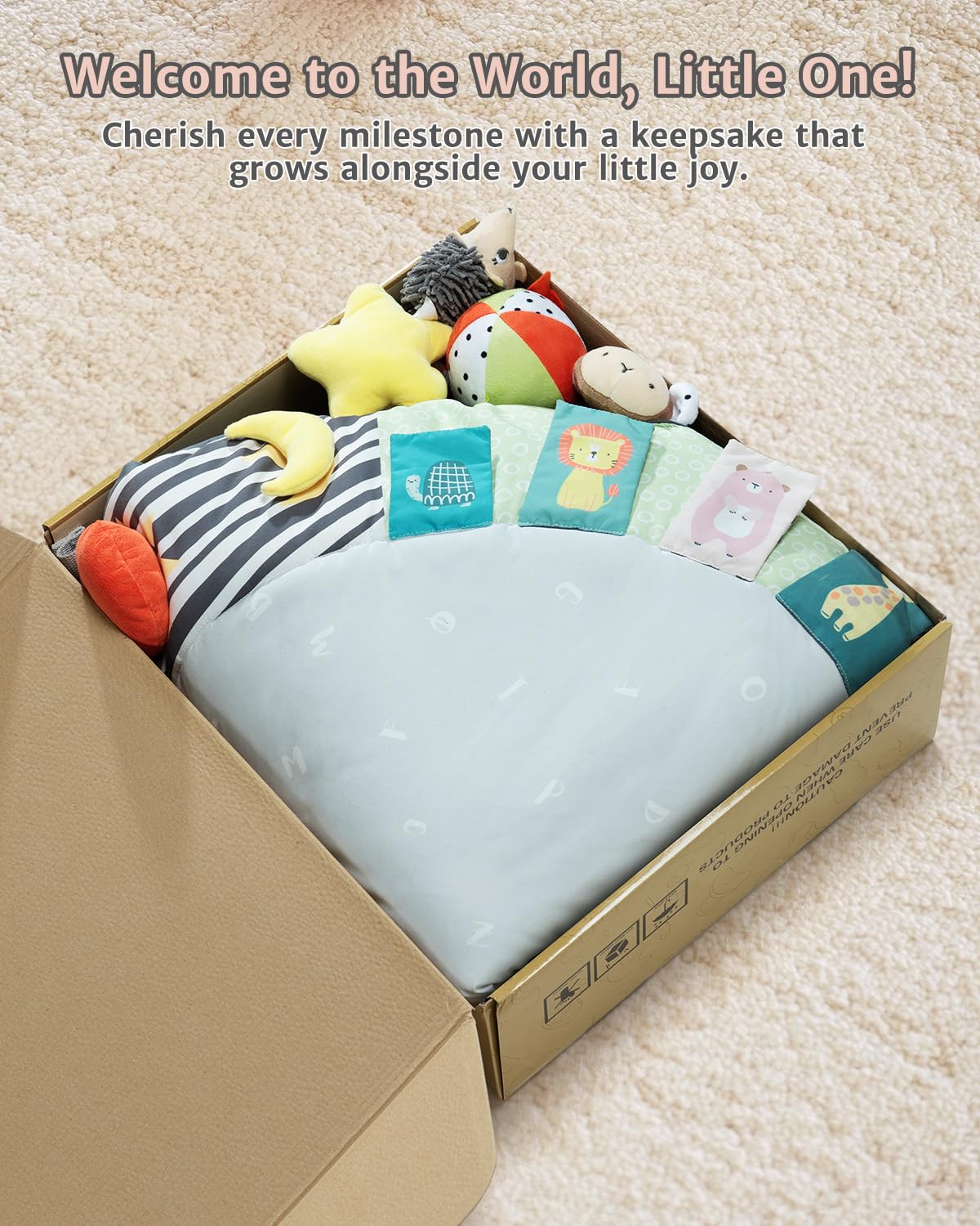 PRVAETU Wooden Baby Gym Play Mat, Foldable Tummy Time Playmat W/ 7 Detachable Toys for Infant Newborn Toddler Motor Skills Sensory Development