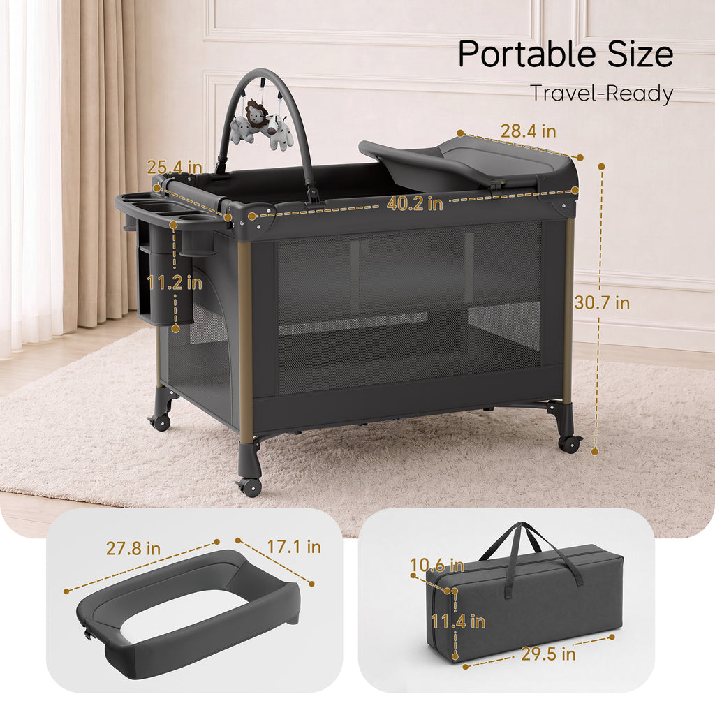 PRVAETU 4 in 1 Baby Playard with Changing Table & Mattress & 4 Movable Wheels & Toy Bar & Storage Bag, Bedside Bassinet Sleeper for Newborn