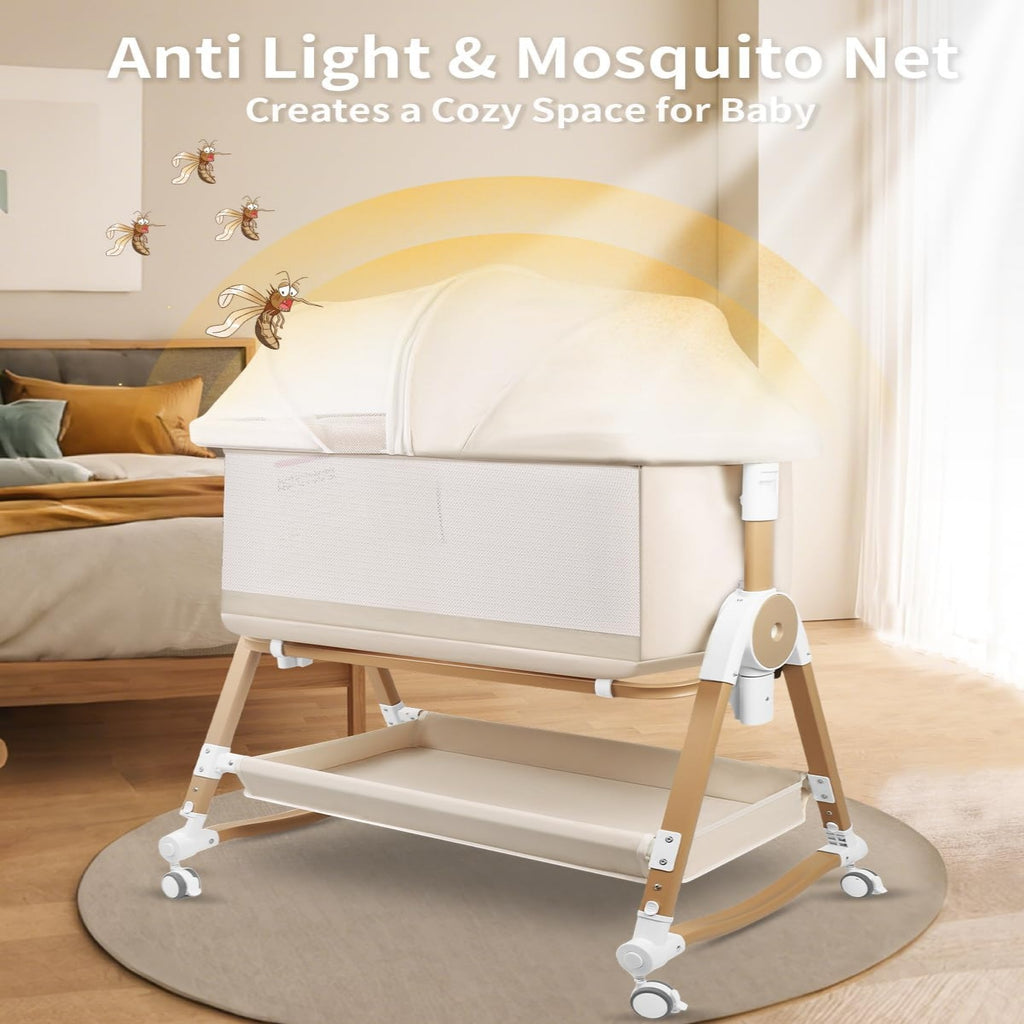 PRVAETU 4 in 1 Baby Bassinet Bedside Sleeper W/ Wheels,Storage Basket,Adjustable 7 Heights,Mosquito Net,Breathable Mesh Cradle for Infants Toddler