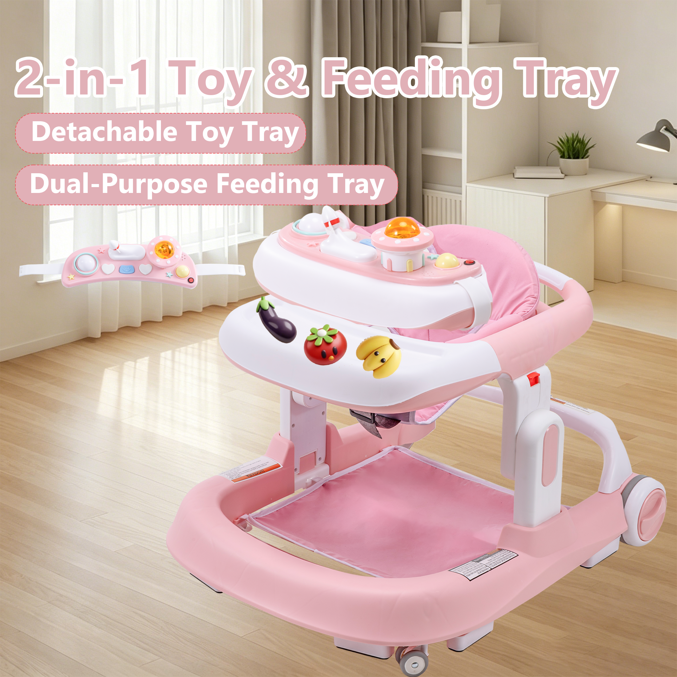 PRVAETU 4-in-1 Baby Walker with Wheels, Adjustable Height, Music and Light for Girls Boys Infant 6-18 Months