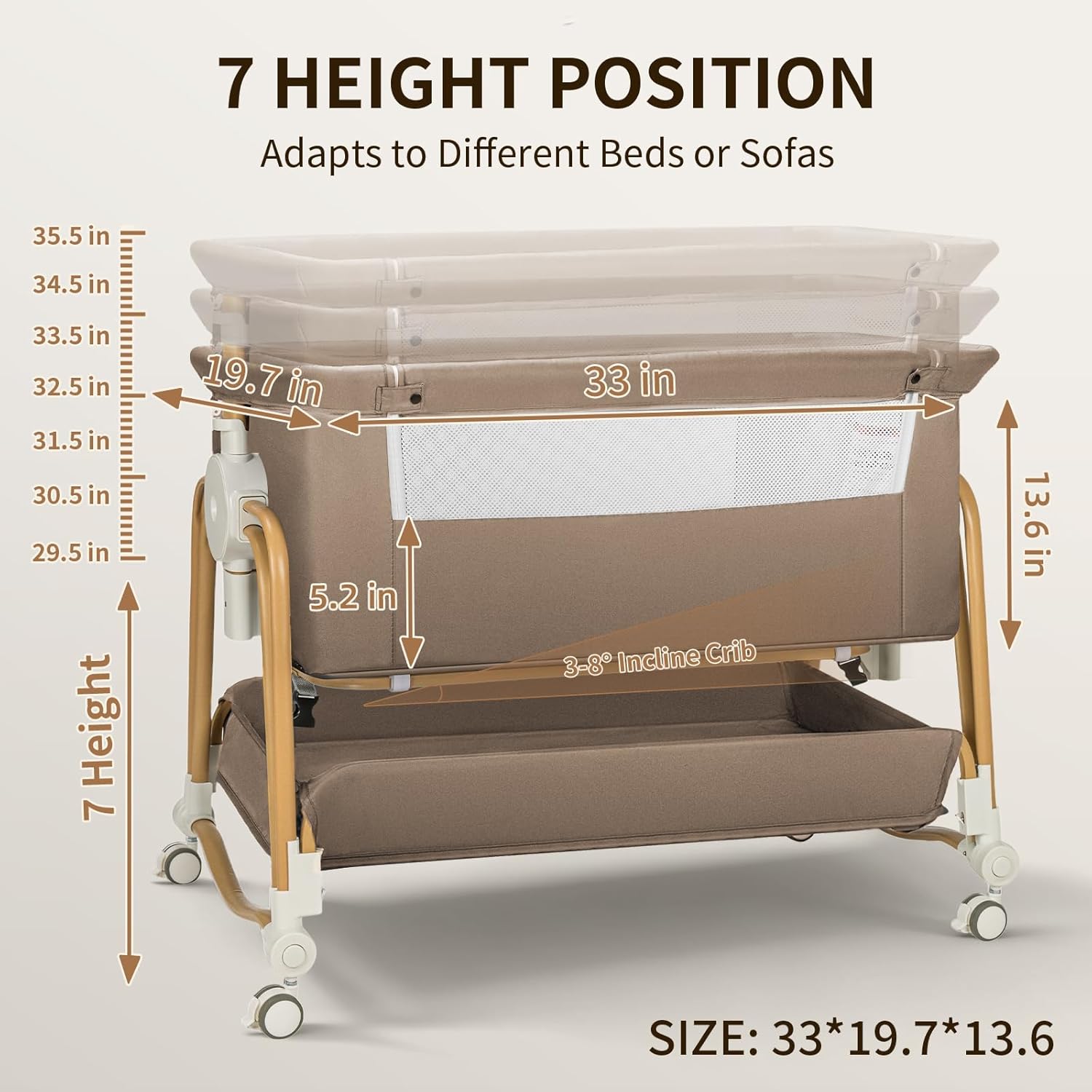 PRVAETU 4-in-1 Baby Bassinet & Bedside Sleeper for Babies, 7-Level Height Adjustable, Wheels with Storage Basket, Breathable Mesh,White