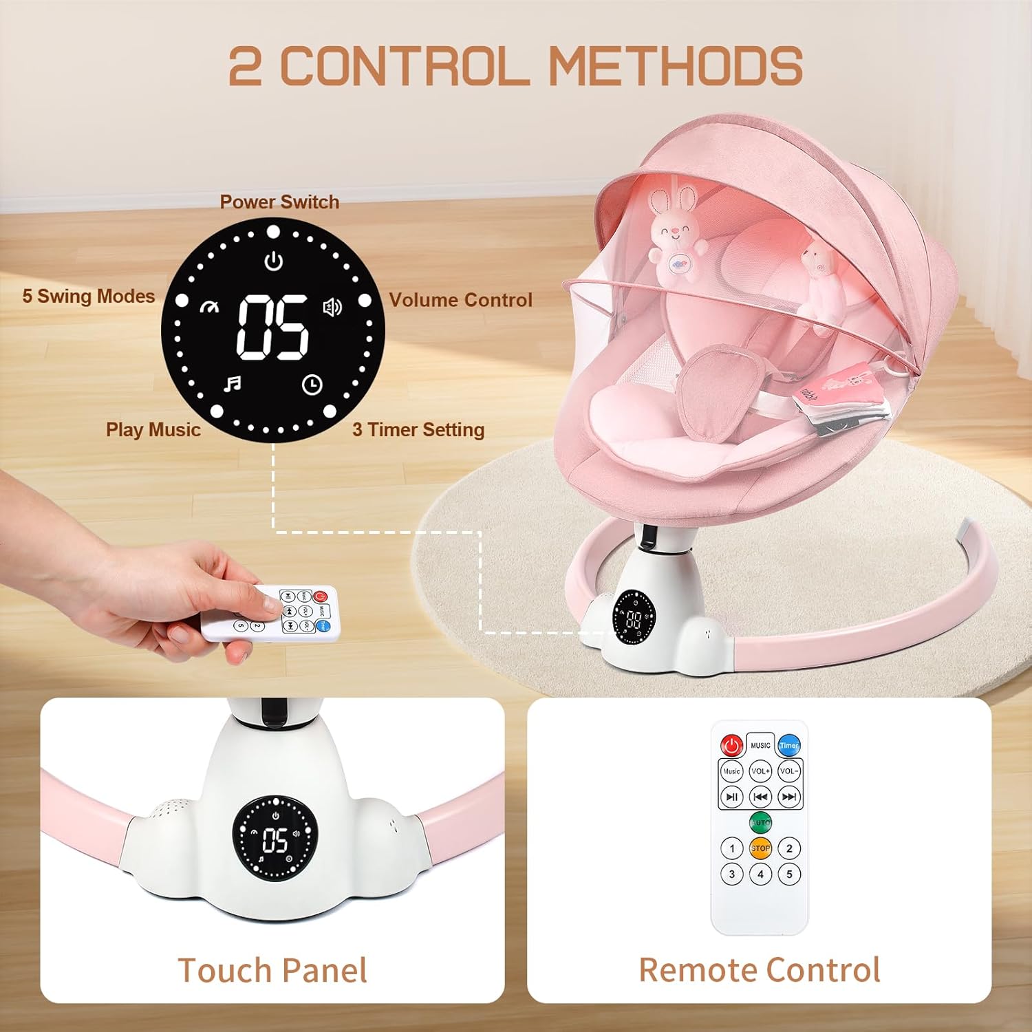 PRVAETU Portable Electric Baby Swing for Infants Toddler, 5 Speed, 10 Lullabies, 5-Point Harness, Remote Control