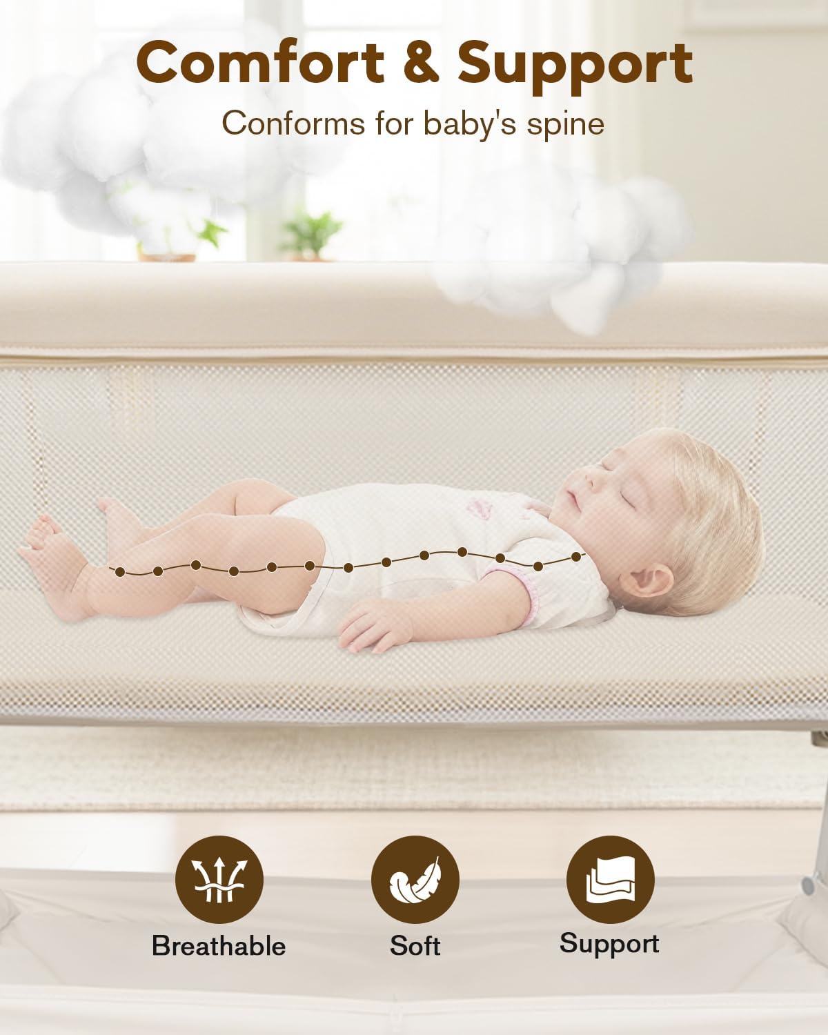 PRVAETU Baby Bassinet, Bedside Bassinet for Baby, Bassinet Bedside Sleeper with Mattress, Storage Basket and 4 Auto-Lock Wheels, Full-Mesh Sides, Bedside Crib for Newborn