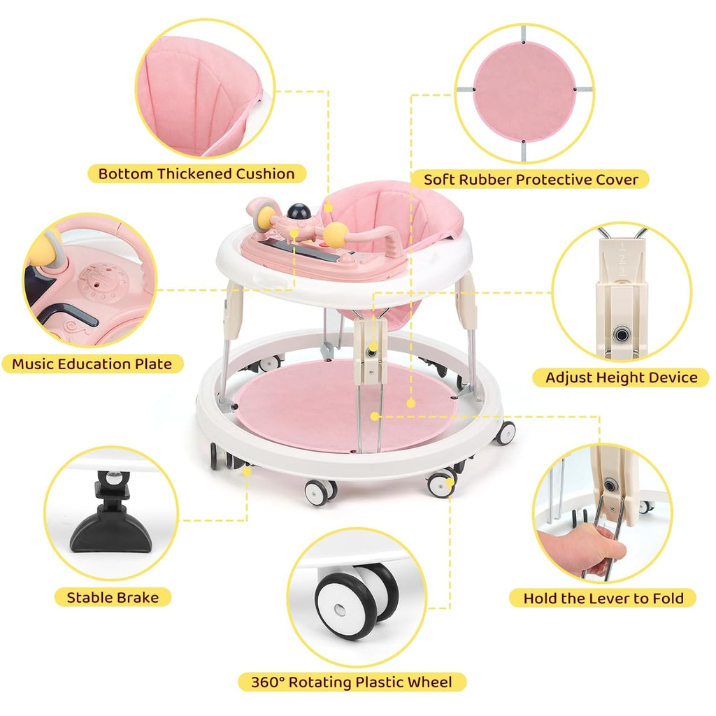PRVAETU Foldable Baby Walker Activity Center W/ Wheels,Height Adjustable,Music Toy & Foot Pad for 6-18 Months Babies Infant Boys Girls