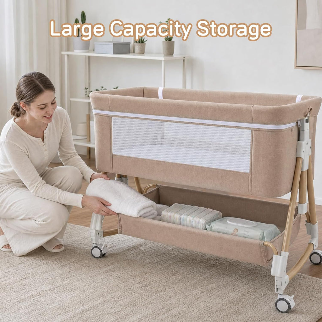 PRVAETU Baby Bassinet, 3-in-1 Baby Bassinet Bedside Sleeper with Wheels, Adjustable Easy Folding Portable Rocking Crib for Infant Newborn (Khaki)
