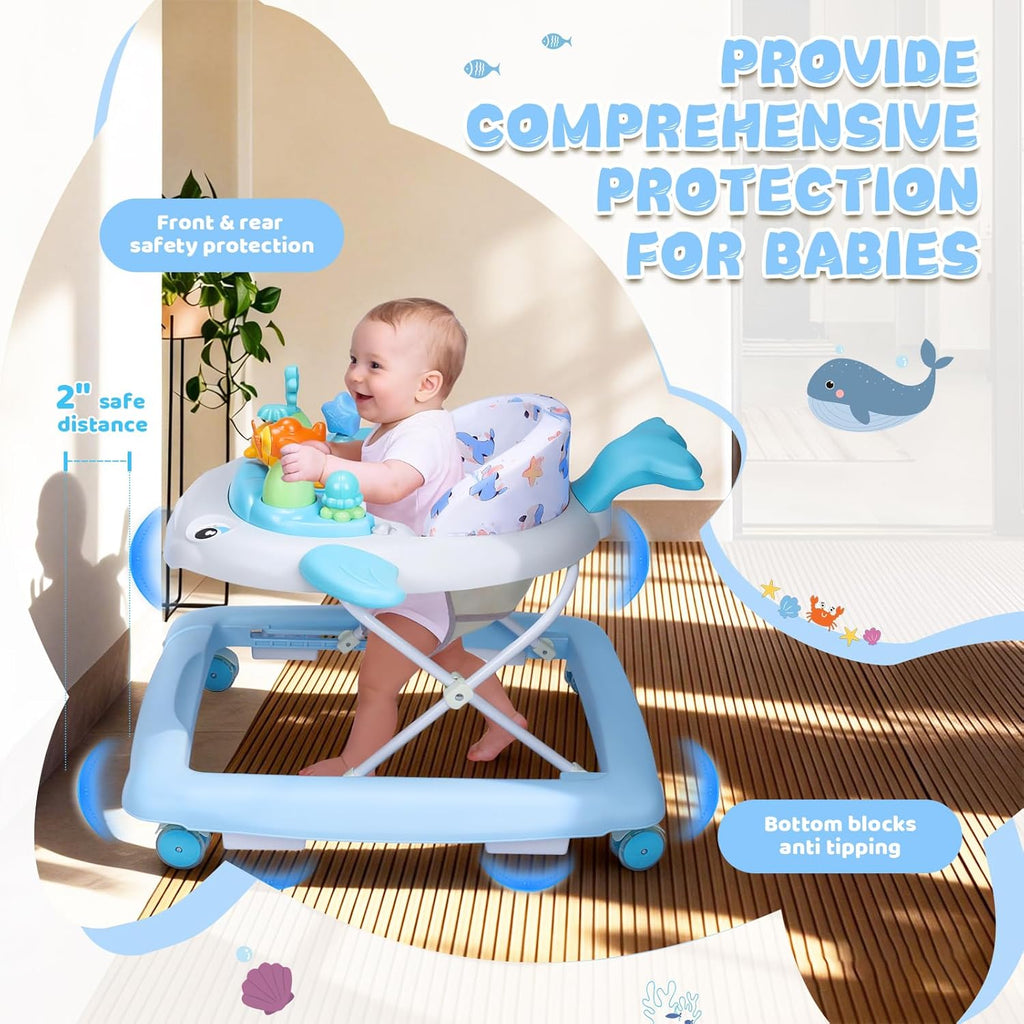 PRVAETU Baby Walker & Activity Center W/ Music & Lights,3 Adjustable Height, Anti-Rollover & Foldable Design for Infant Boy and Girl 6-18 Months