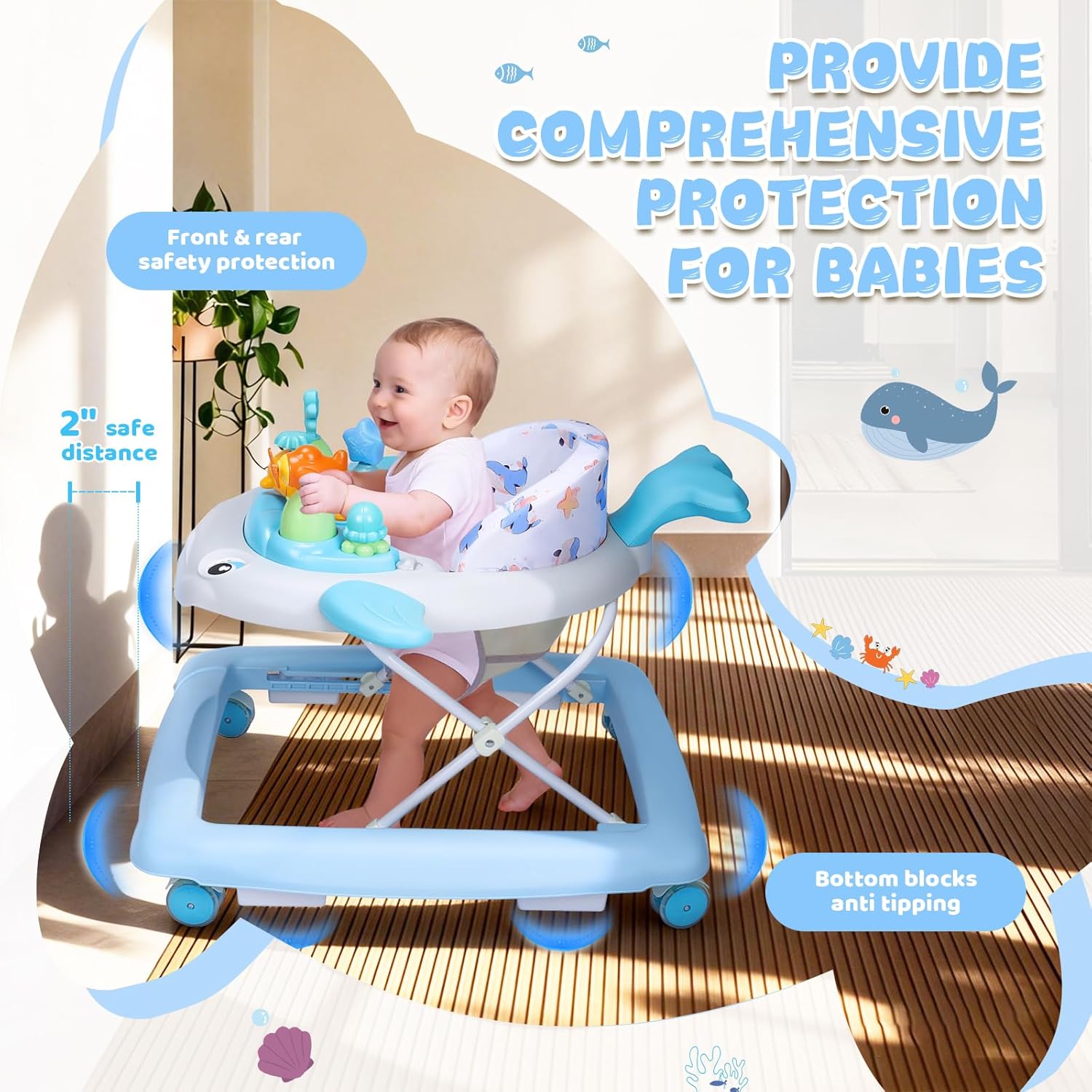 PRVAETU Baby Walker & Activity Center W/ Music & Lights,3 Adjustable Height, Anti-Rollover & Foldable Design for Infant Boy and Girl 6-18 Months