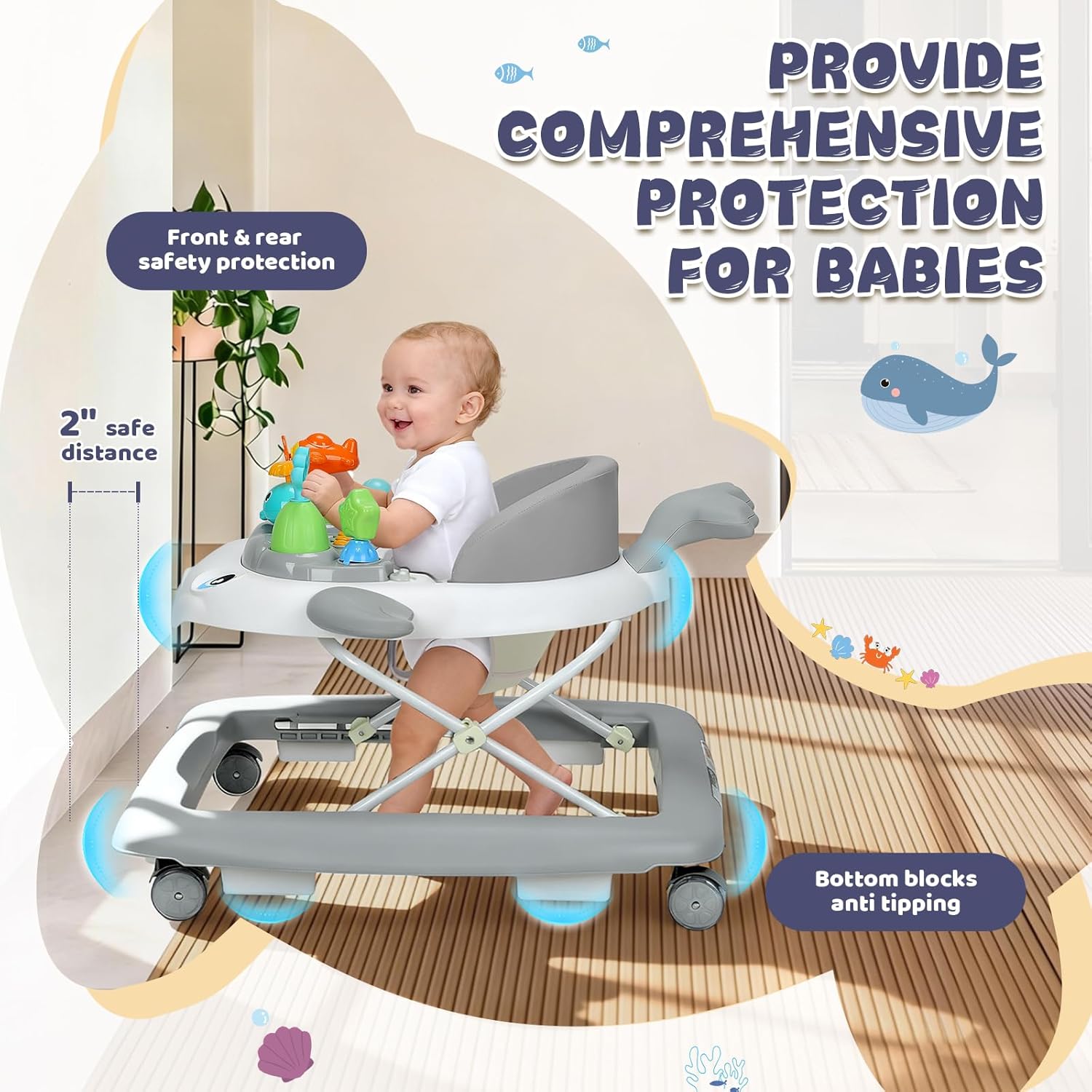 PRVAETU Baby Walker & Activity Center W/ Music & Lights,3 Adjustable Height, Anti-Rollover & Foldable Design for Infant Boy and Girl 6-18 Months