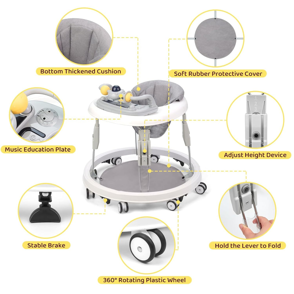 PRVAETU Foldable Baby Walker Activity Center W/ Wheels,Height Adjustable,Music Toy & Foot Pad for 6-18 Months Babies Infant Boys Girls